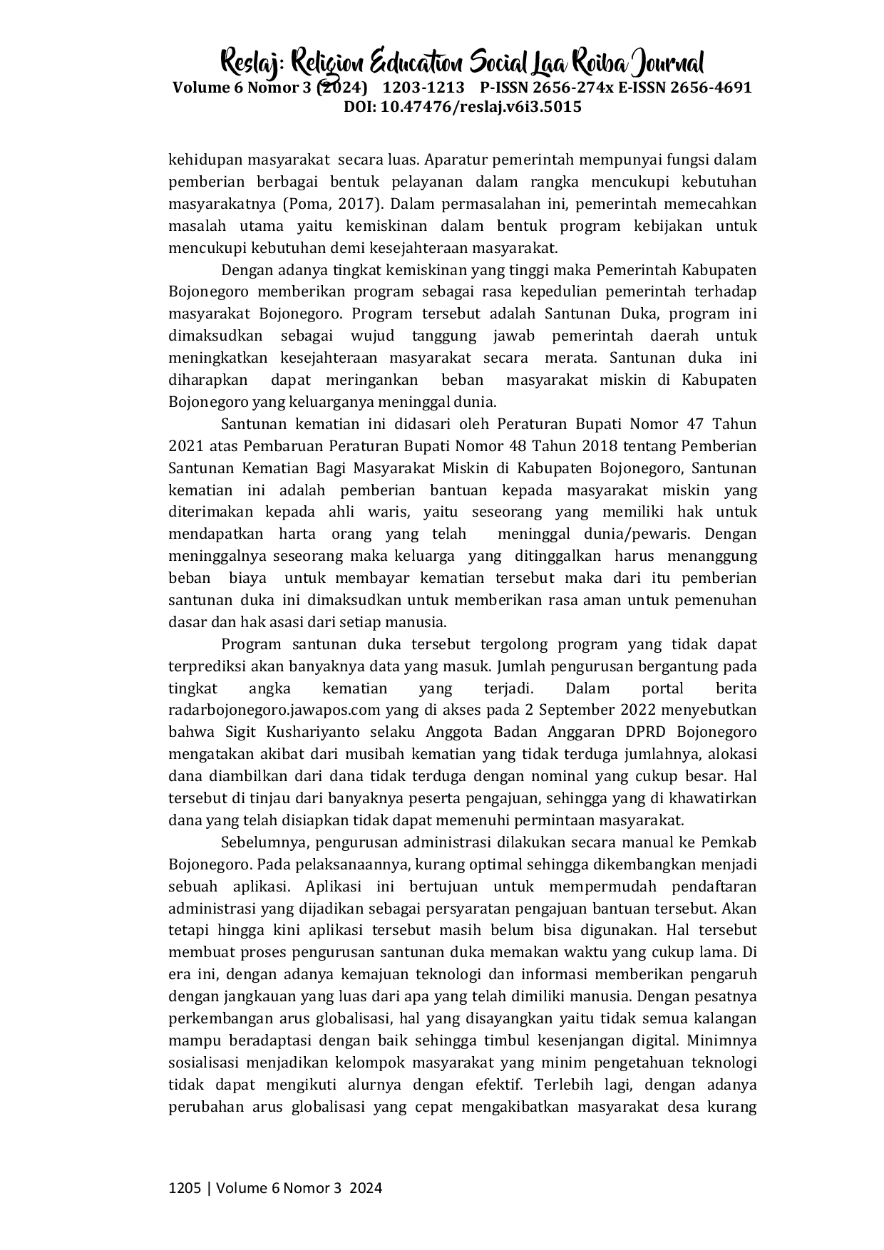 JURIS Implementasi Peraturan Bupati Nomor 47 Tahun 2021 tentang Santunan Kematian Bagi Masyarakat Miskin di Kabupaten Bojonegoro