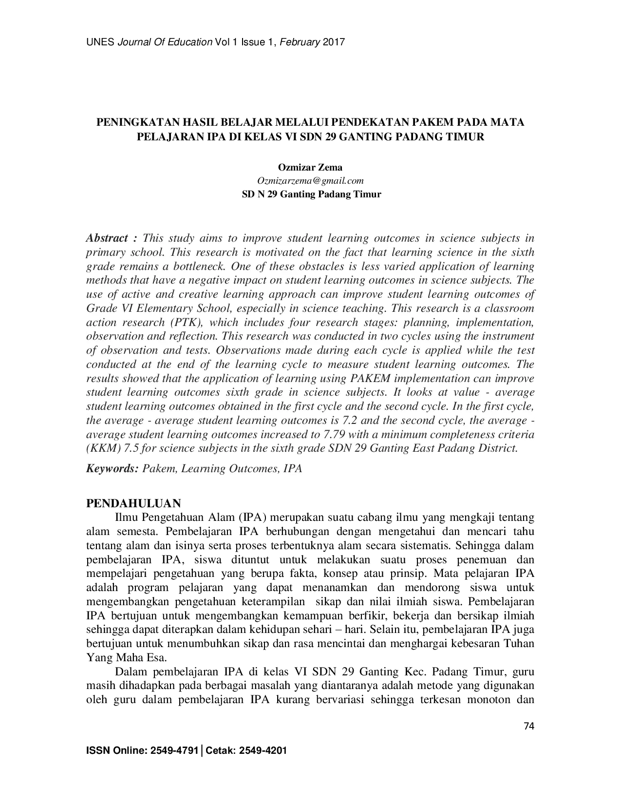 JURIS Peningkatan Hasil Belajar Melalui Pendekatan Pakem Pada Mata Pelajaran IPA Di Kelas VI SDN 29 Ganting Padang Timur