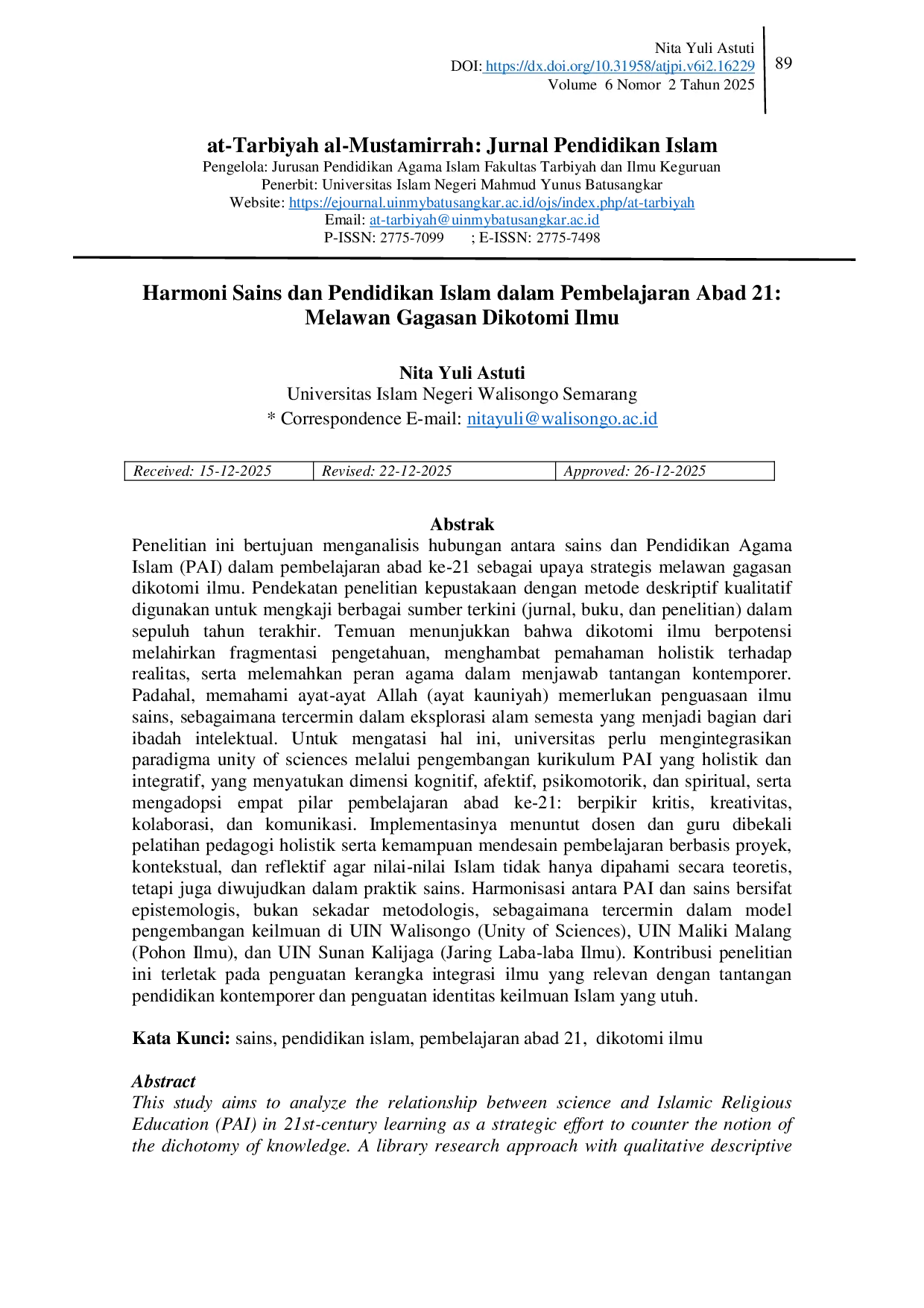 JURIS Harmoni Sains dan Pendidikan Islam dalam Pembelajaran Abad 21 Melawan Gagasan Dikotomi Ilmu