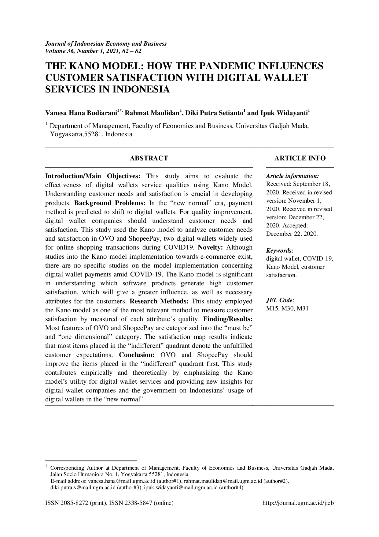 JURIS The Kano Model How the Pandemic Influences Customer Satisfaction with Digital Wallet Services in Indonesia