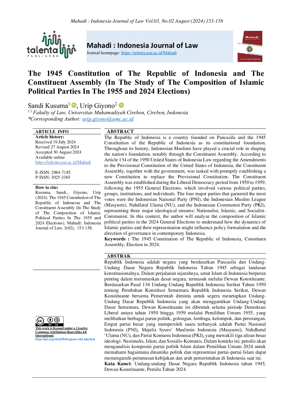 JURIS The 1945 Constitution of The Republic of Indonesia and The Constituent Assembly In The Study of The Composition of Islamic Political Parties In The 1955 and 2024 Elections