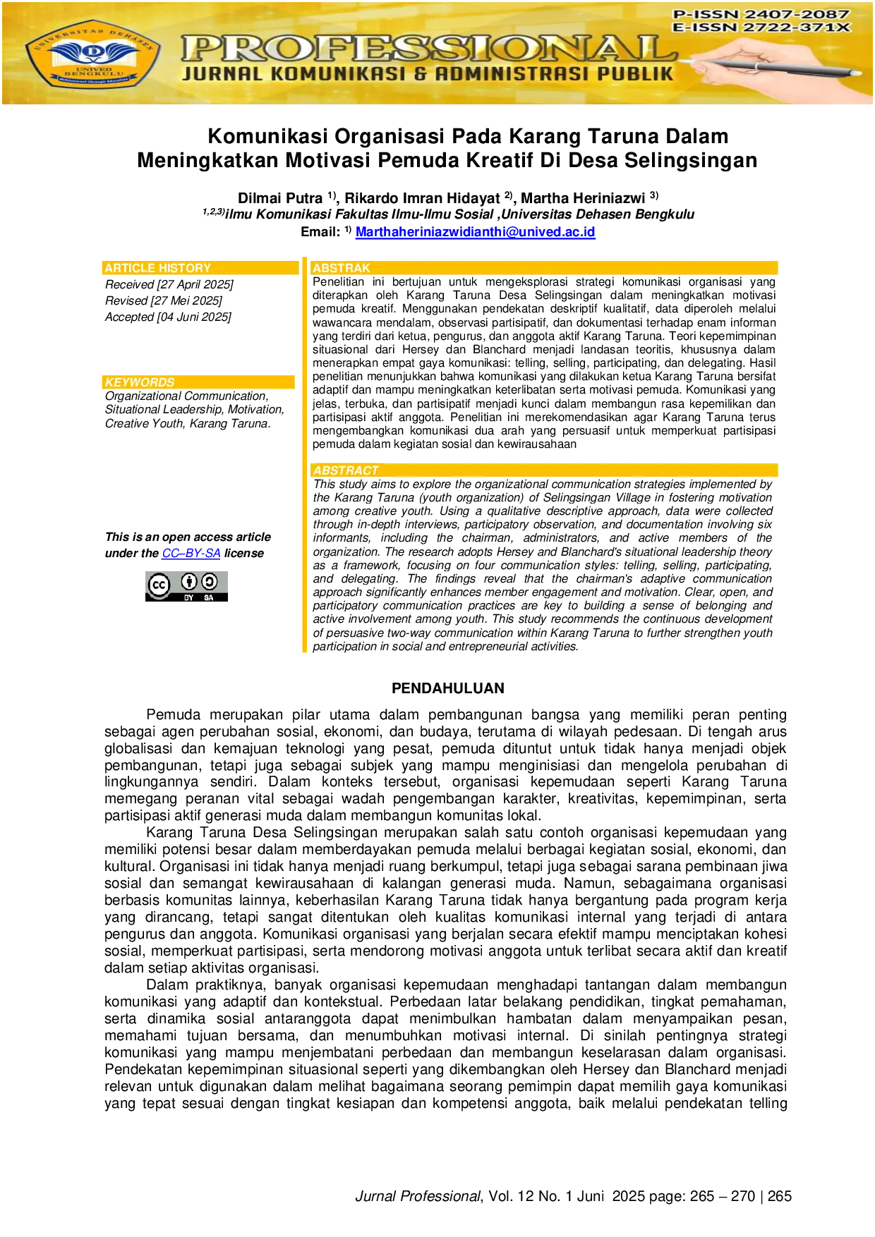 JURIS Komunikasi Organisasi Pada Karang Taruna Dalam Meningkatkan Motivasi Pemuda Kreatif Di Desa Selingsingan