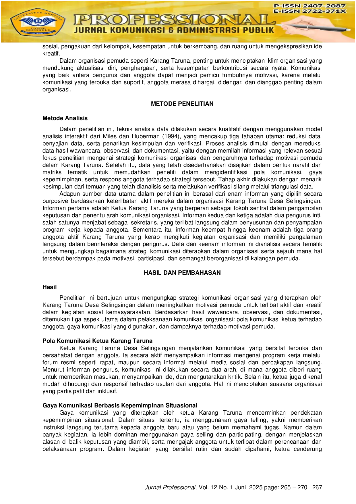 JURIS Komunikasi Organisasi Pada Karang Taruna Dalam Meningkatkan Motivasi Pemuda Kreatif Di Desa Selingsingan