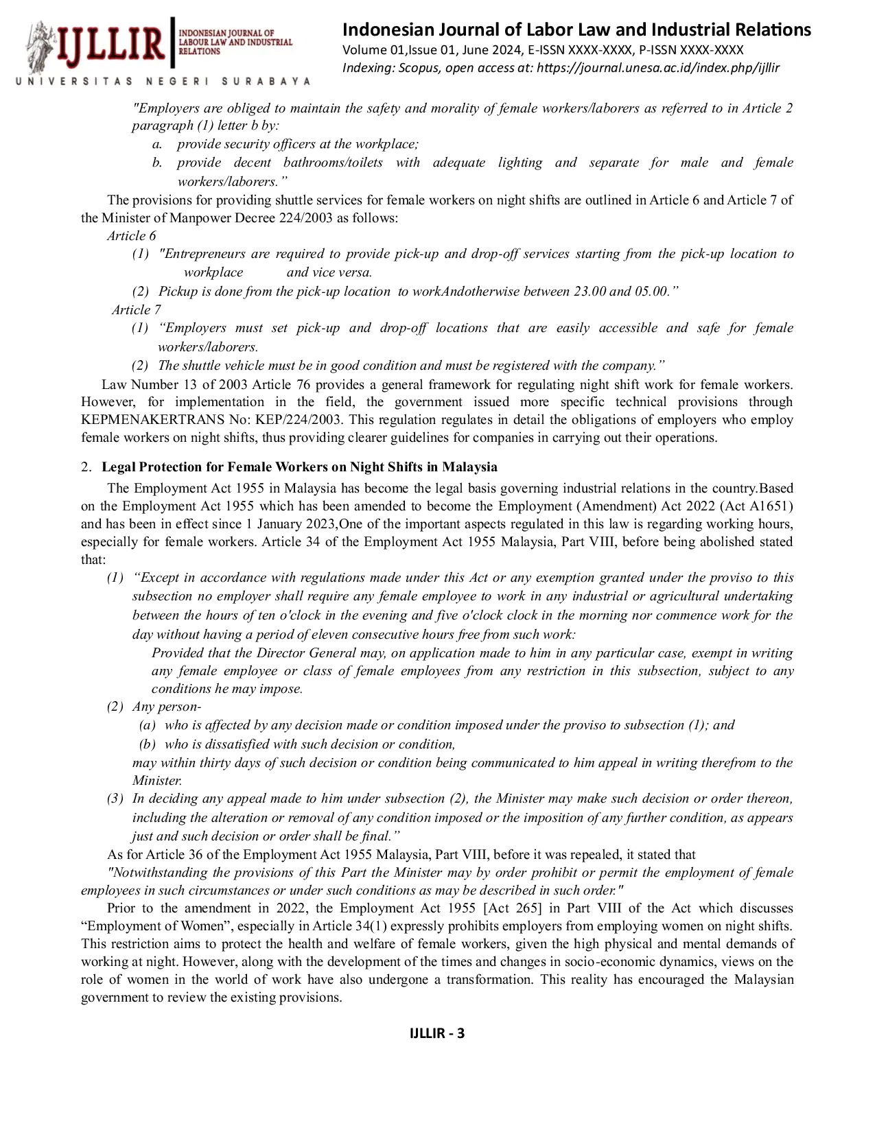 JURIS Legal Protection of Women Workers on the Night Shift Comparison of Indonesia and Malaysia