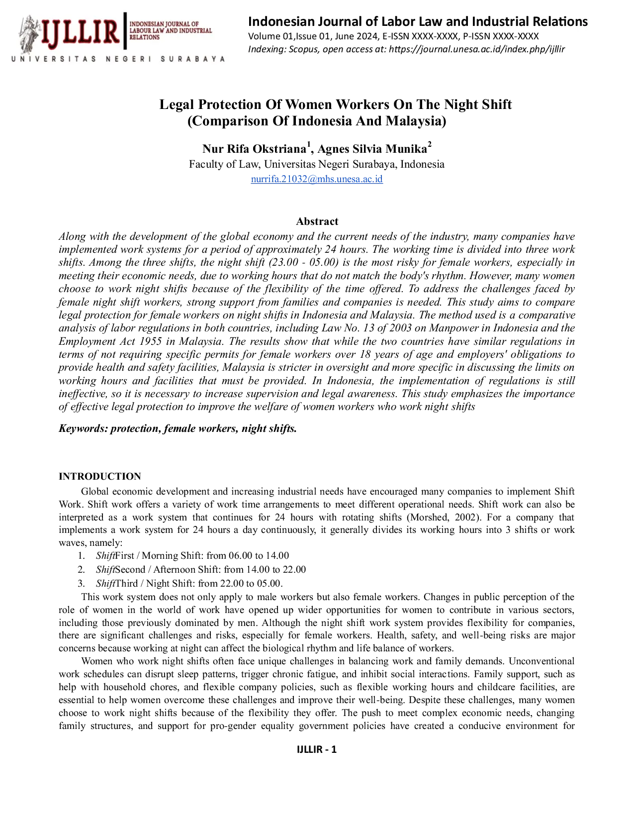 JURIS Legal Protection of Women Workers on the Night Shift Comparison of Indonesia and Malaysia