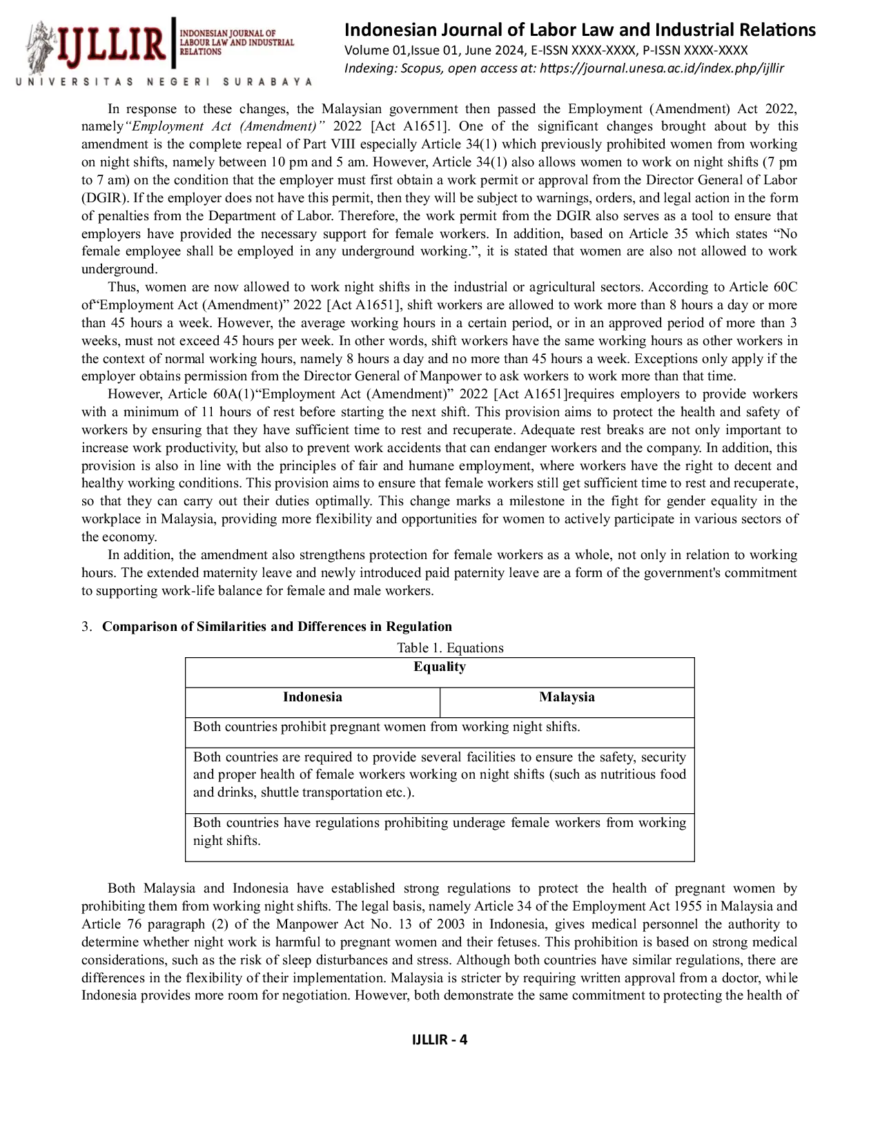 JURIS Legal Protection of Women Workers on the Night Shift Comparison of Indonesia and Malaysia