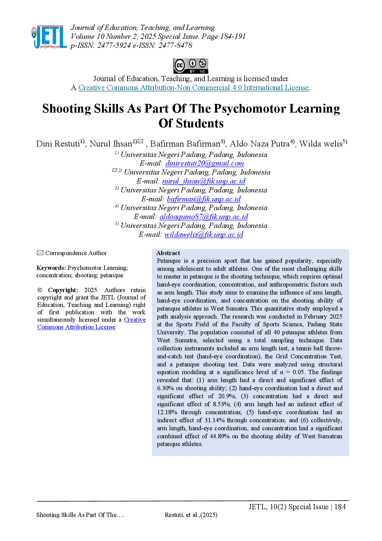juris Shooting Skills As Part Of The Psychomotor Learning Of Students