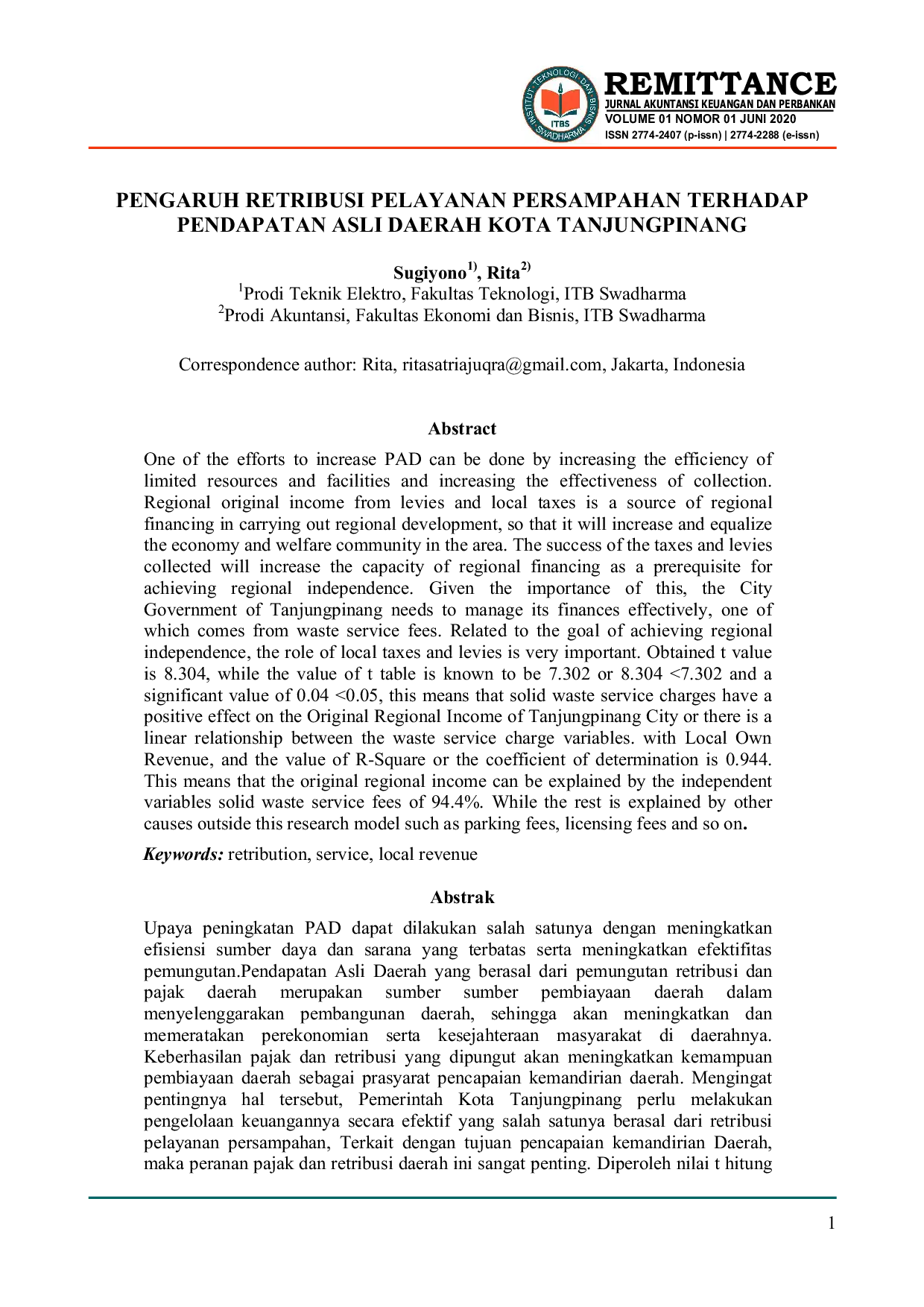 JURIS Pengaruh Retribusi Pelayanan Persampahan Terhadap Pendapatan Asli Daerah Kota Tanjungpinang