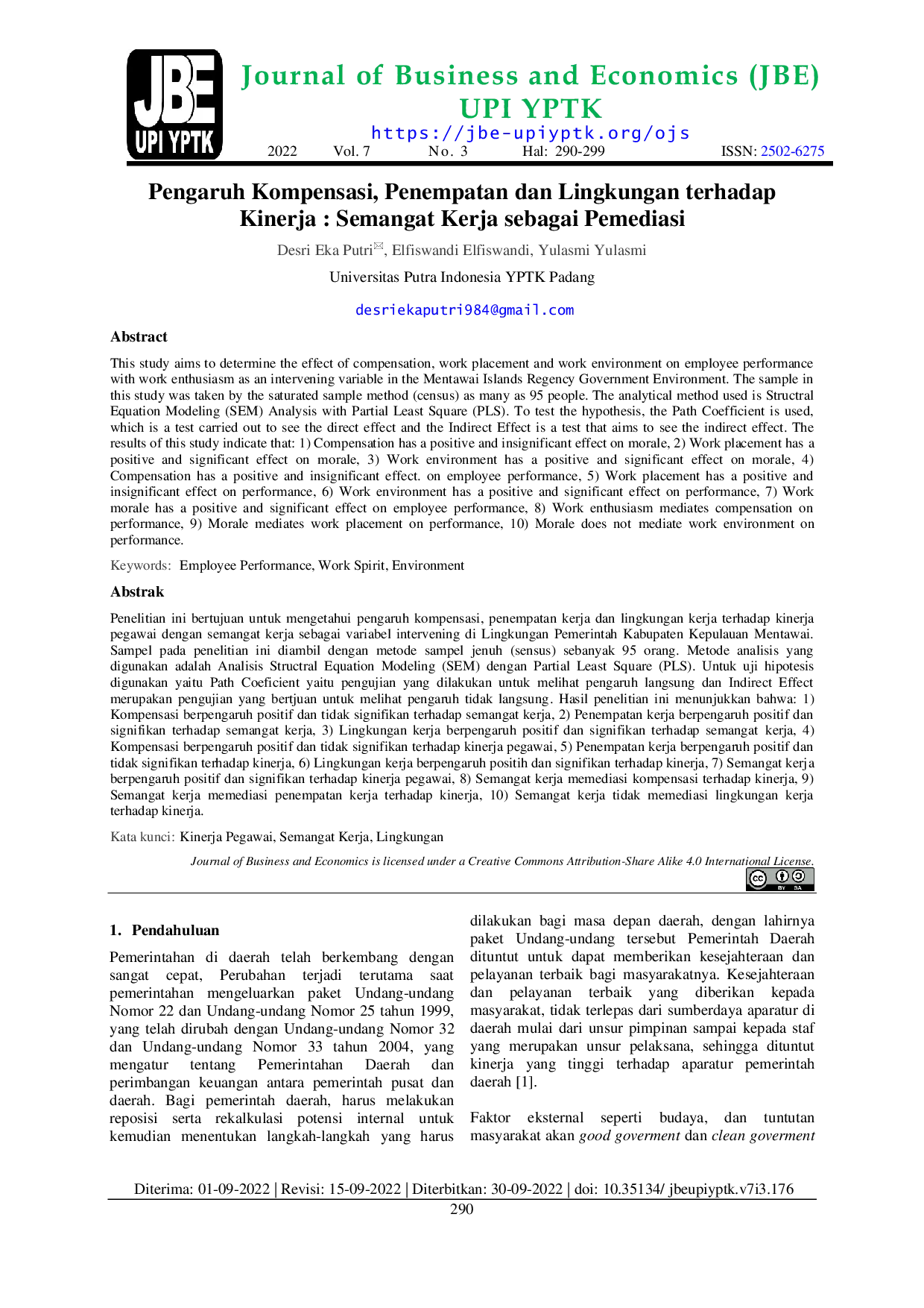 JURIS Pengaruh Kompensasi Penempatan dan Lingkungan terhadap Kinerja Semangat Kerja sebagai Pemediasi