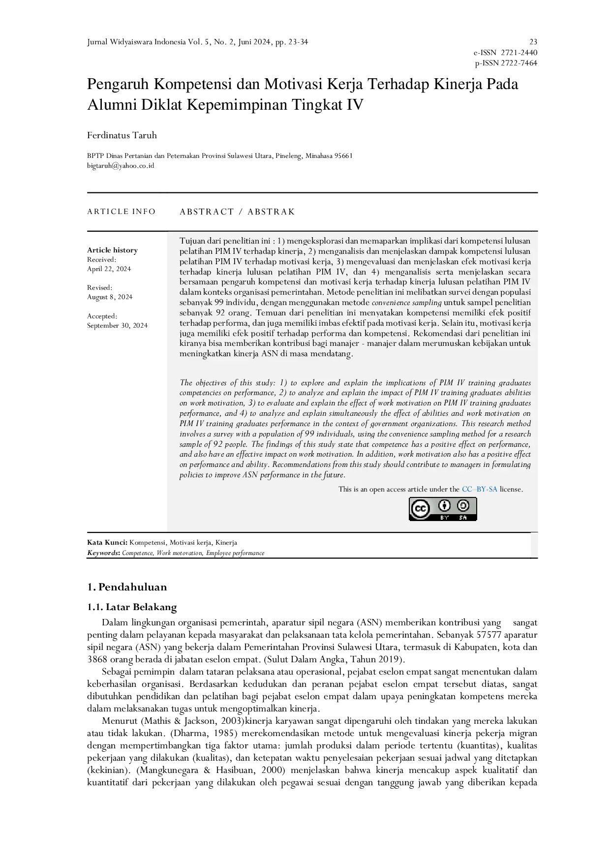 JURIS Pengaruh Kompetensi dan Motivasi Kerja Terhadap Kinerja Pada Alumni Diklat Kepemimpinan Tingkat IV