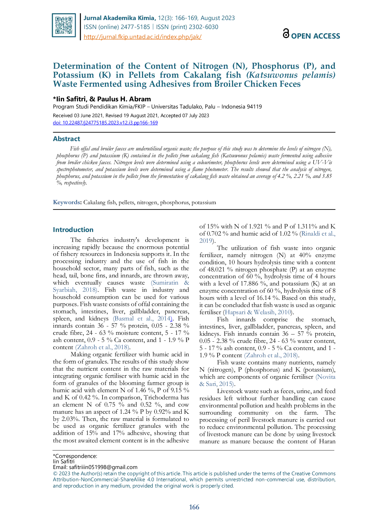 JURIS Penentuan Kadar Nitrogen N Fosfor P dan Kalium K pada Pelet dari Limbah Ikan Cakalang Katsuwonus pelamis Terfermentasi Menggunakan Perekat Kotoran Feses Ayam Broiler