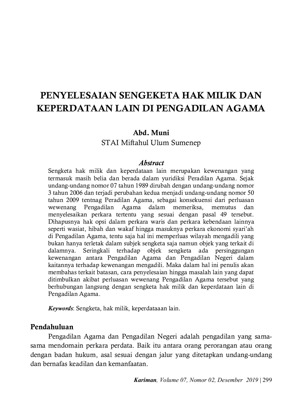 JURIS Penyelesaian Sengeketa Hak Milik dan Keperdataan Lain di Pengadilan Agama