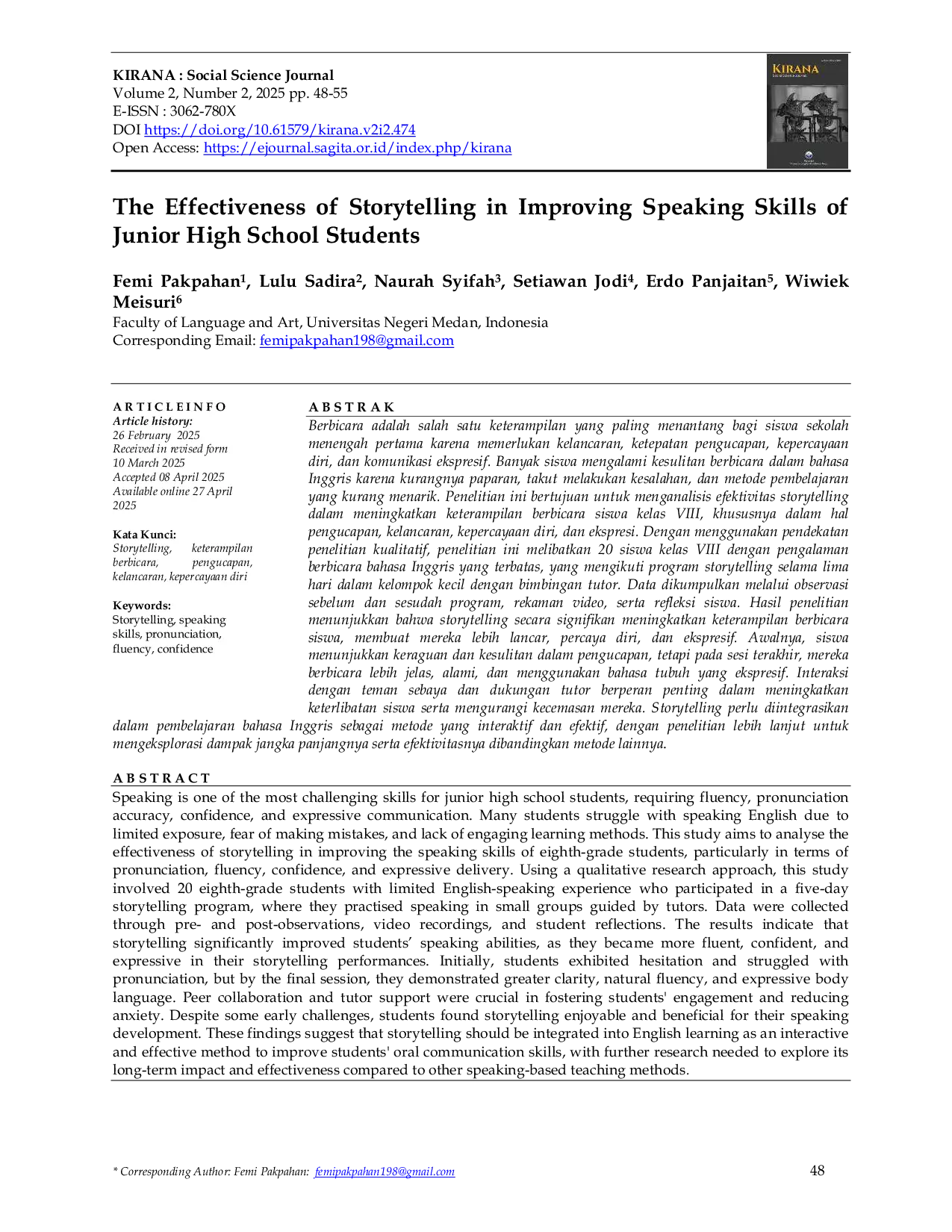 JURIS The Effectiveness of Storytelling in Improving Speaking Skills of Junior High School Students