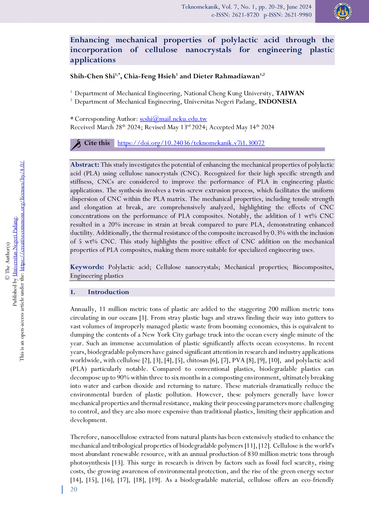 JURIS Enhancing mechanical properties of polylactic acid through the incorporation of cellulose nanocrystals for engineering plastic applications