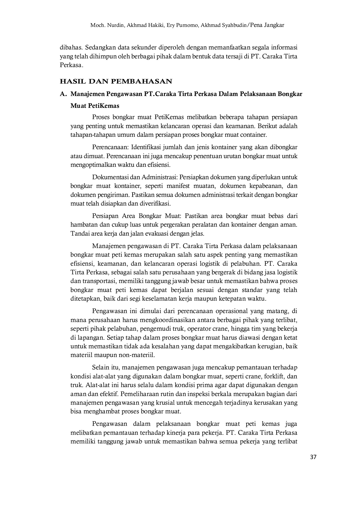 JURIS Peran PT Caraka Tirta Perkasa Dalam Pelaksanaan Bongkar Muat Petikemas