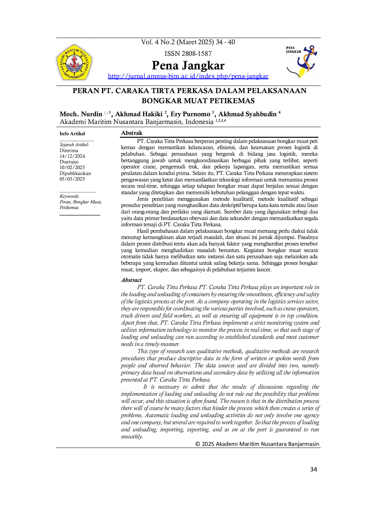 JURIS Peran PT Caraka Tirta Perkasa Dalam Pelaksanaan Bongkar Muat Petikemas