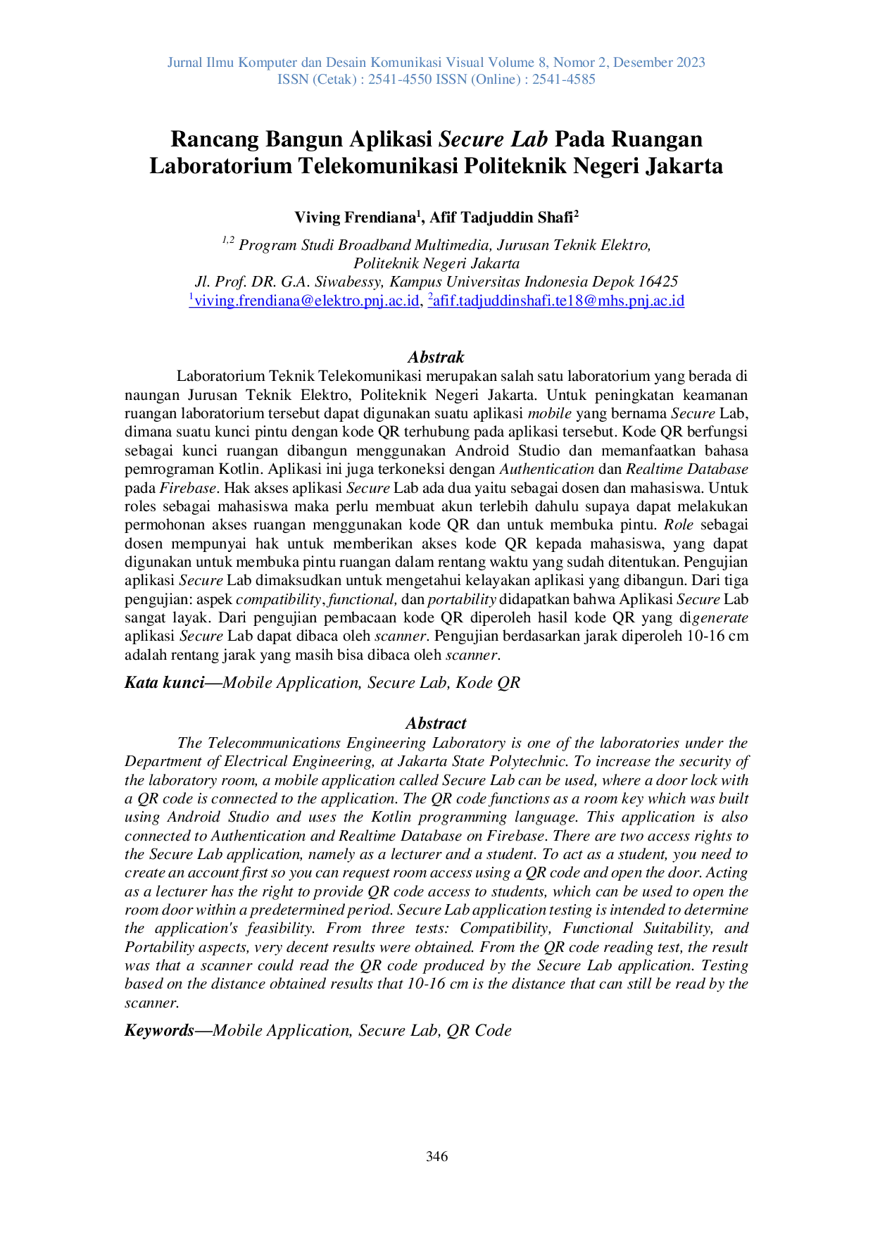 JURIS Design of a Mobile Secure Lab Application in the Telecommunications Laboratory Room at the Jakarta State Polytechnic