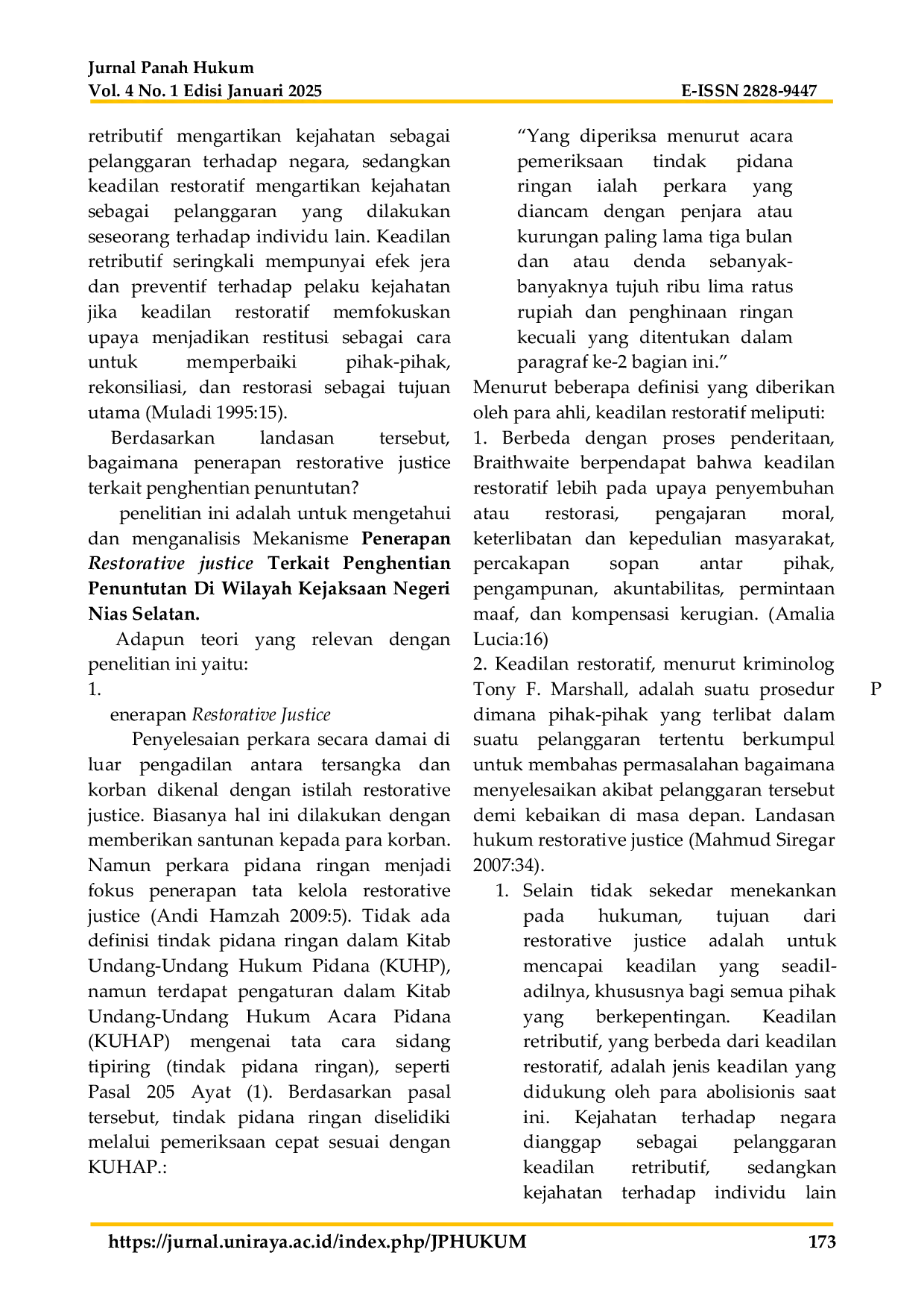 JURIS Penerapan Restorative Justice Terkait Penghentian Penuntutan Di Wilayah Kejaksaan Negeri Nias Selatan