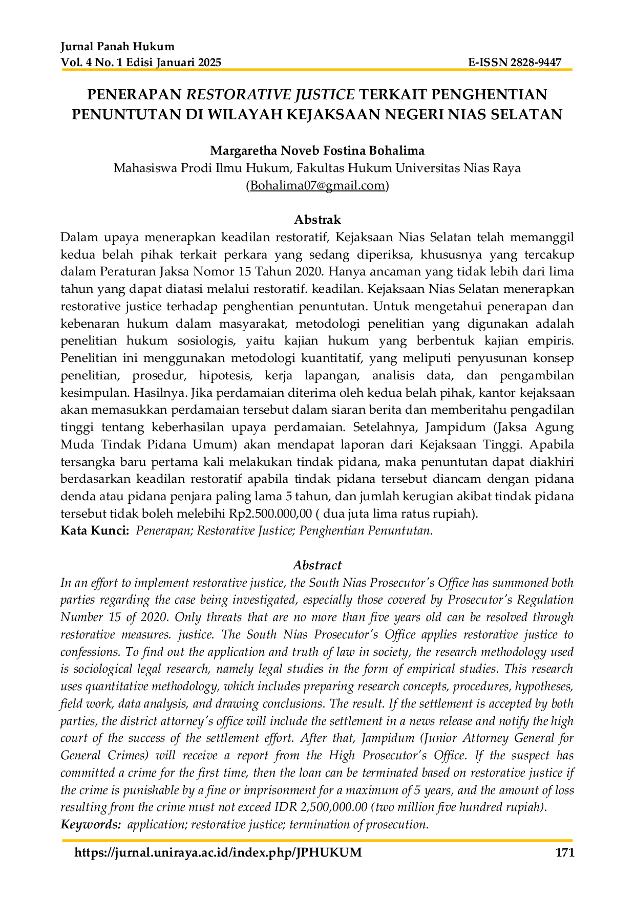 JURIS Penerapan Restorative Justice Terkait Penghentian Penuntutan Di Wilayah Kejaksaan Negeri Nias Selatan