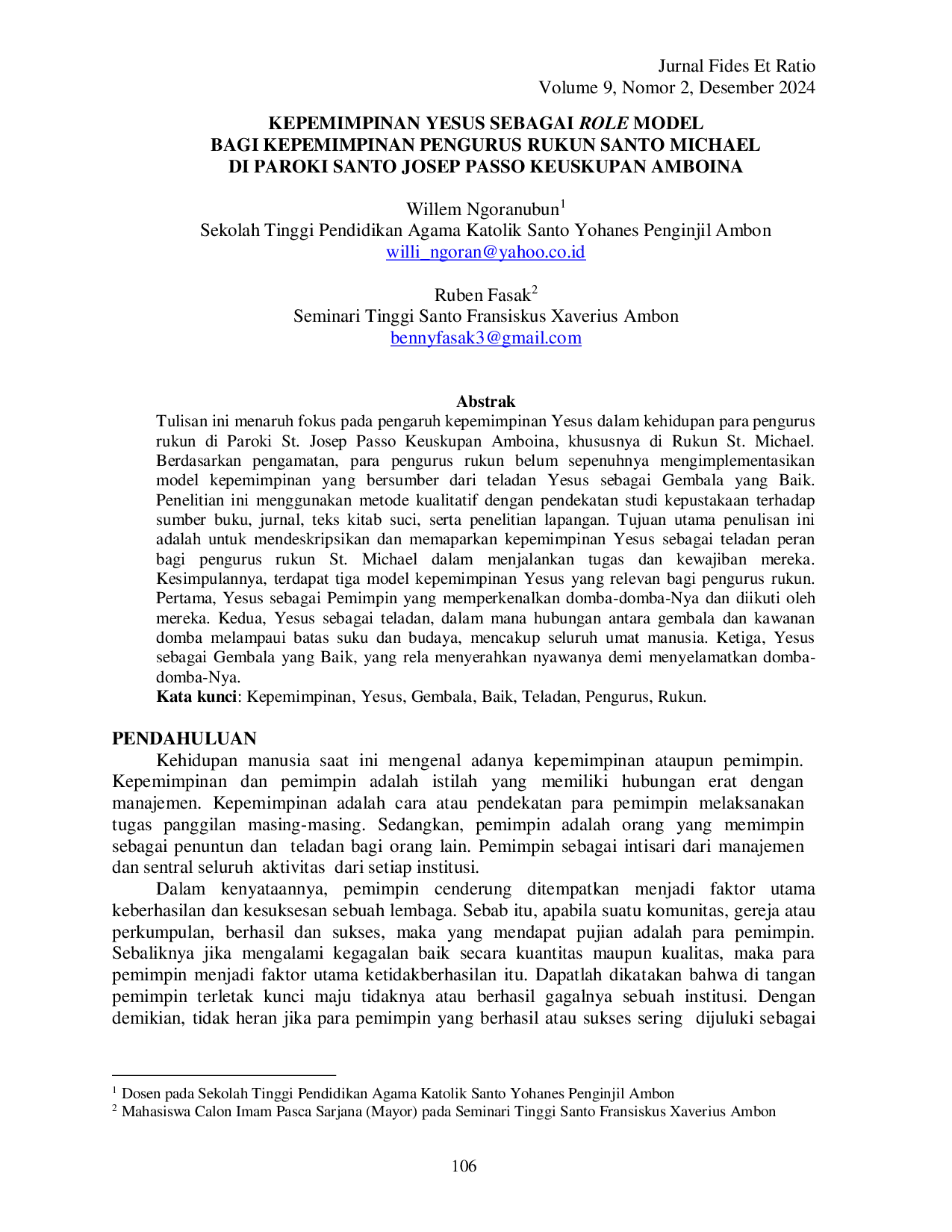 JURIS Kepemimpinan Yesus Sebagai Role Model Bagi Kepemimpinan Pengurus Rukun Santo Michael Di Paroki Santo Josep Passo Keuskupan Amboina