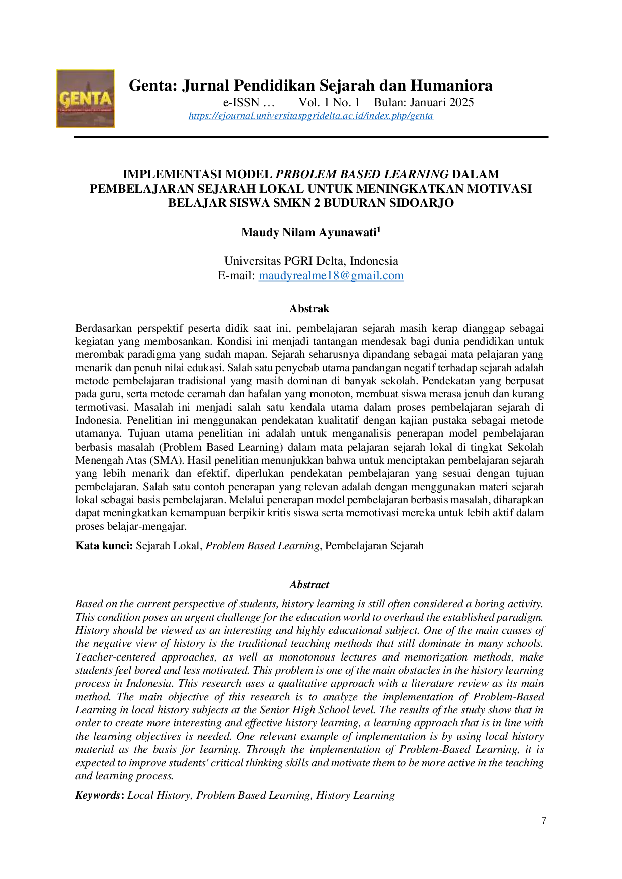JURIS Implementasi Model Problem Based Learning dalam Pembelajaran Sejarah Lokal untuk Meningkatkan Motivasi Belajar Siswa SMKN 2 Buduran Sidoarjo