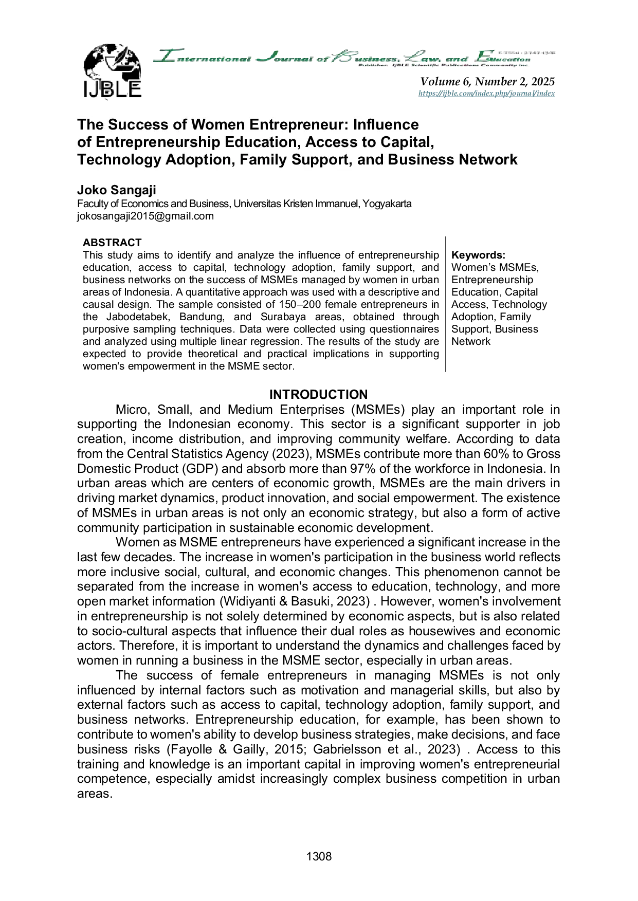 JURIS The Success of Women Entrepreneur Influence of Entrepreneurship Education Access to Capital Technology Adoption Family Support and Business Network