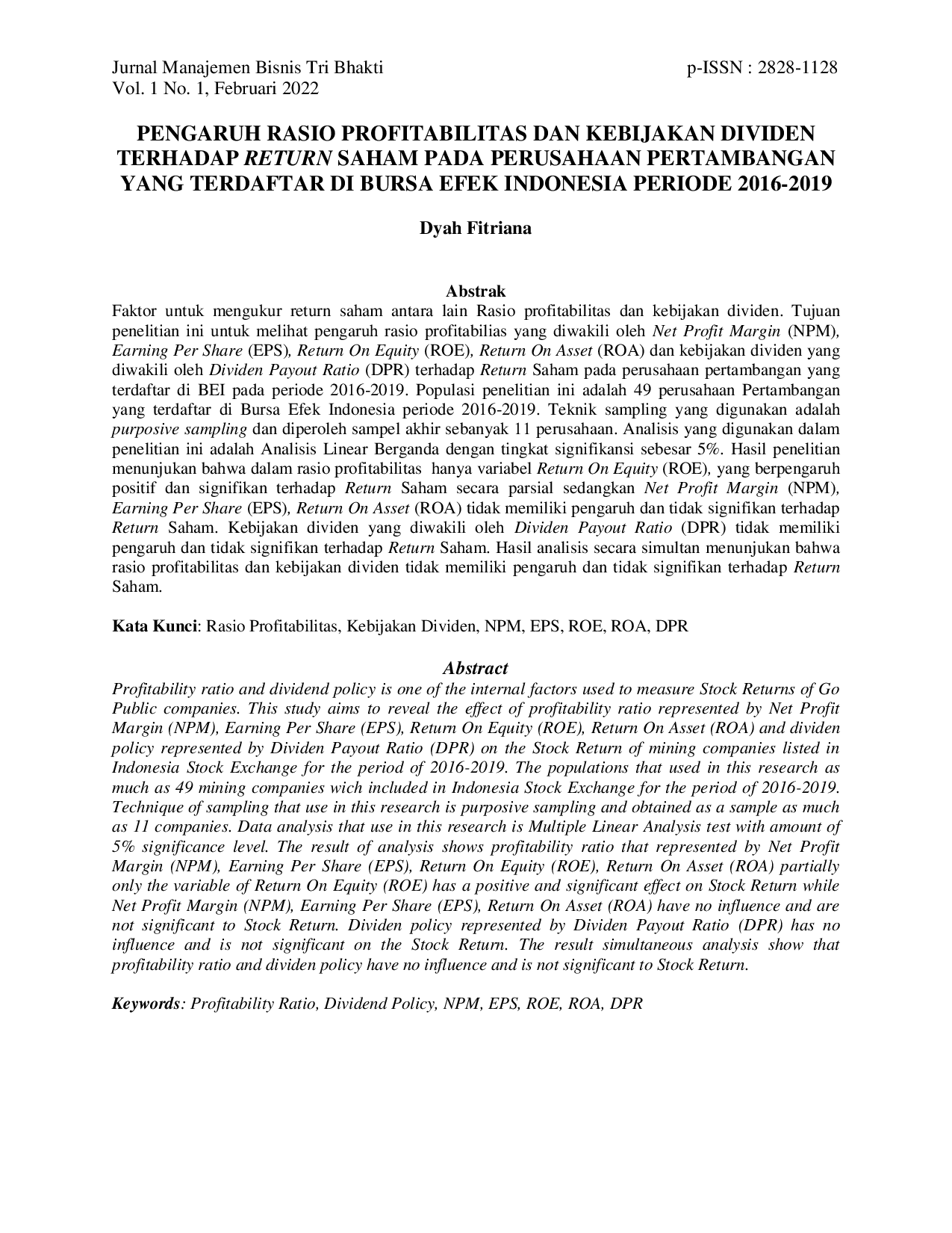 JURIS Pengaruh Rasio Profitabilitas dan Kebijakan Dividen terhadap Return Saham pada Perusahaan Pertambangan yang Terdaftar di Bursa Efek Indonesia Periode 2016 2019