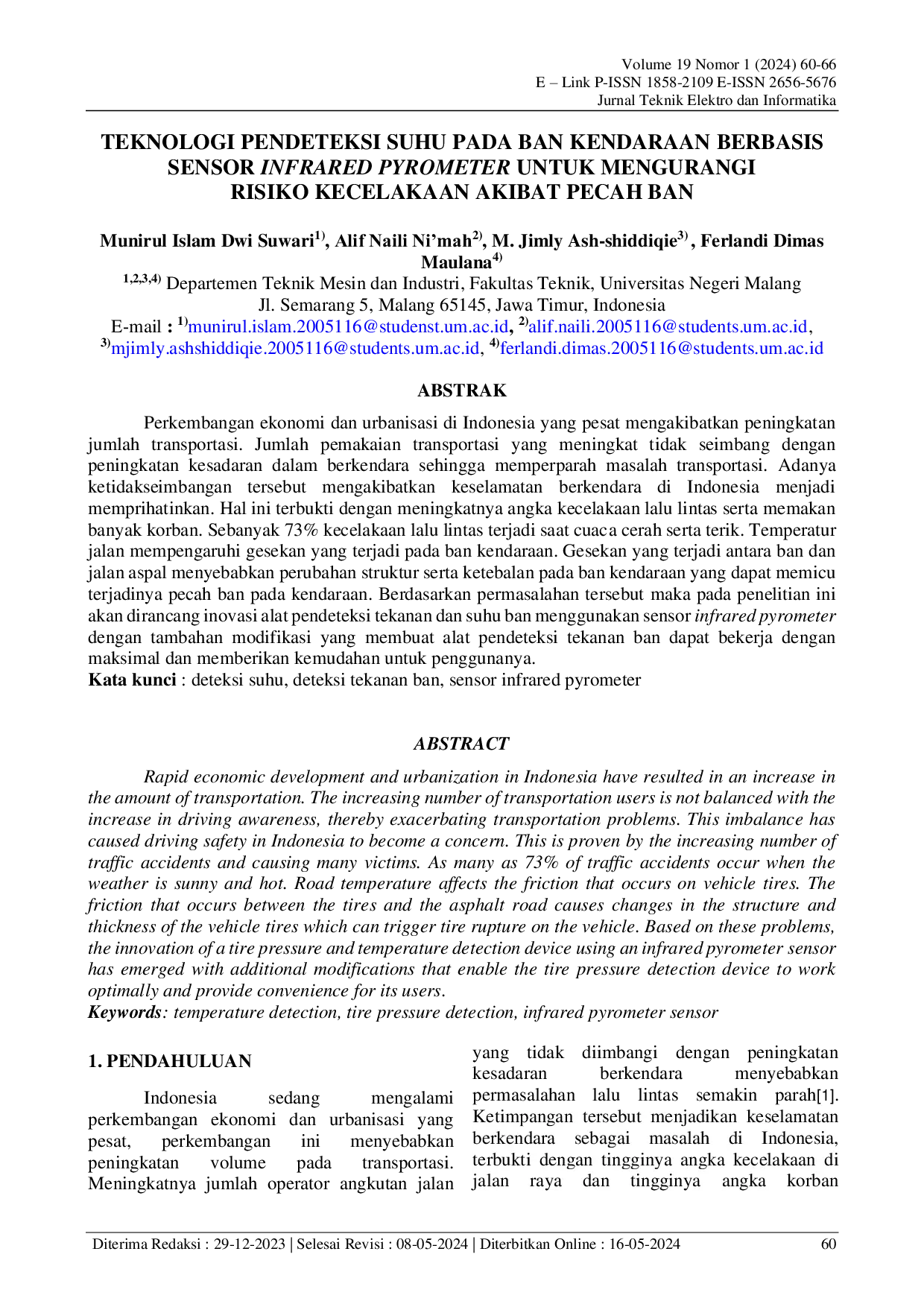 JURIS Teknologi Pendeteksi Suhu Pada Ban Kendaraan Berbasis Sensor Infrared Pyrometer Untuk Mengurangi Risiko Kecelakaan Akibat Pecah Ban