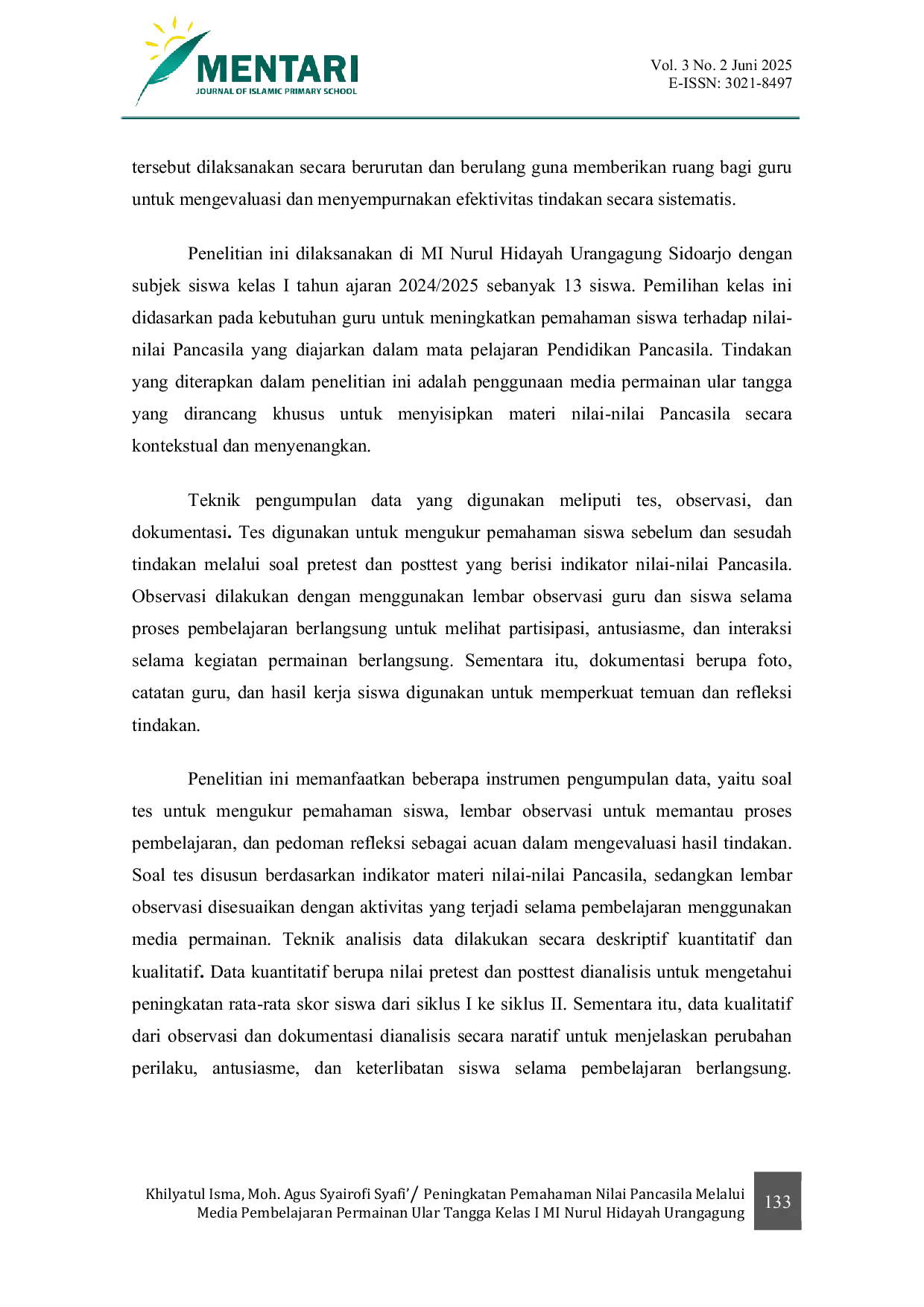 JURIS Peningkatan Peningkatan Pemahaman Nilai Pancasila Melalui Media Pembelajaran Permainan Ular Tangga Kelas I MI Nurul Hidayah Urangagung