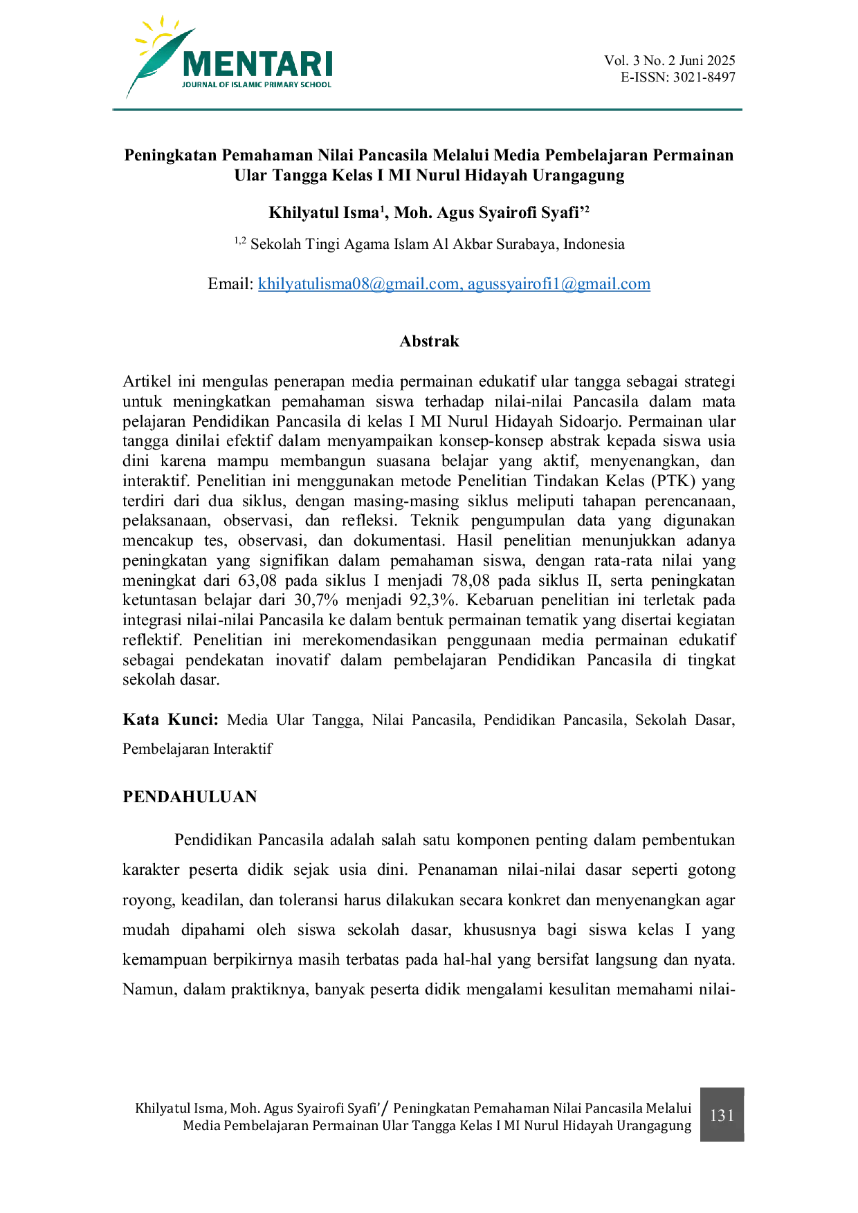 JURIS Peningkatan Peningkatan Pemahaman Nilai Pancasila Melalui Media Pembelajaran Permainan Ular Tangga Kelas I MI Nurul Hidayah Urangagung