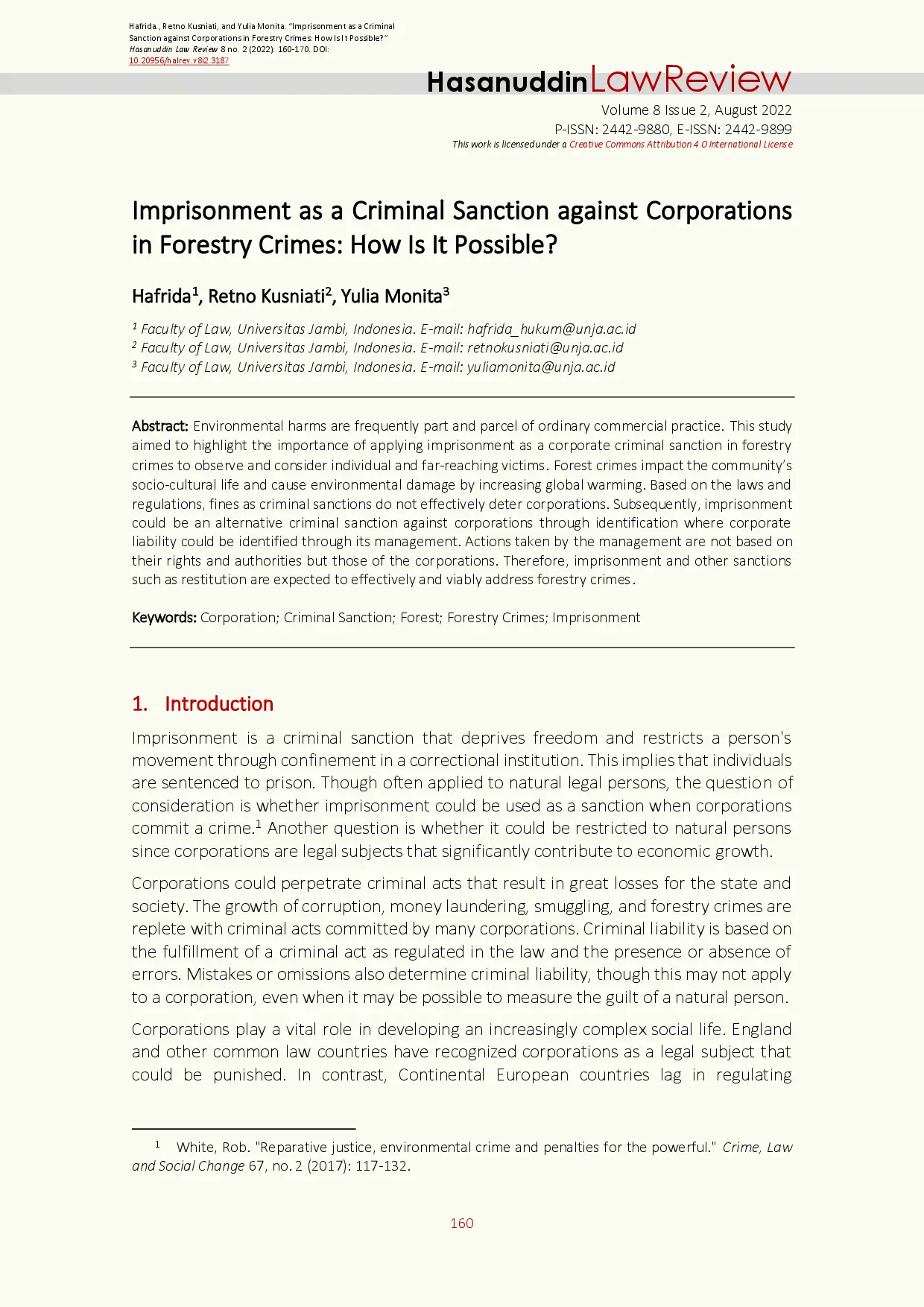 juris Imprisonment as a Criminal Sanction against Corporations in Forestry Crimes How Is It Possible