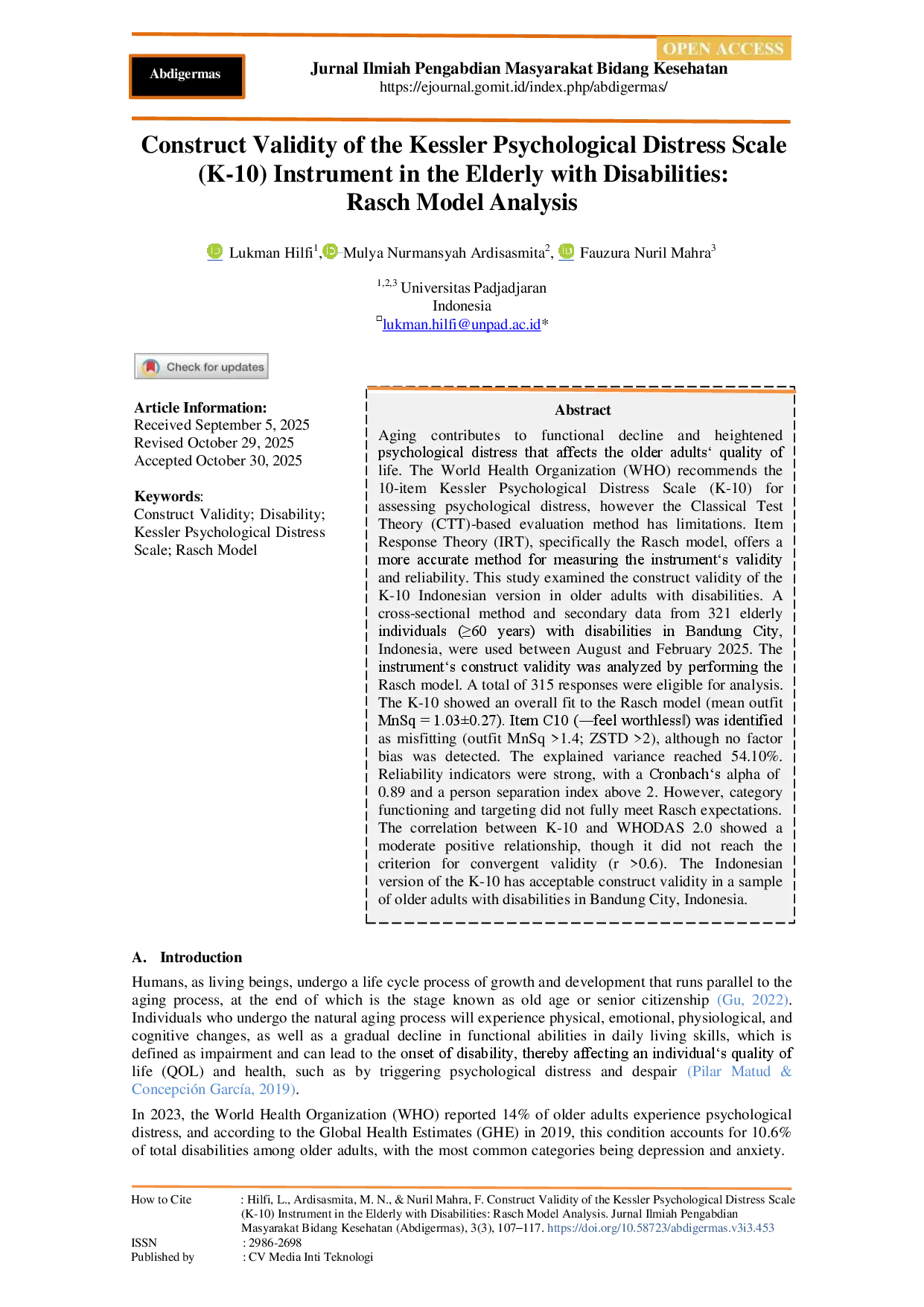 juris Validitas Konstruk Instrumen Kessler Psychological Distress Scale K 10 pada Lansia dengan Disabilitas Analisis Rasch Model