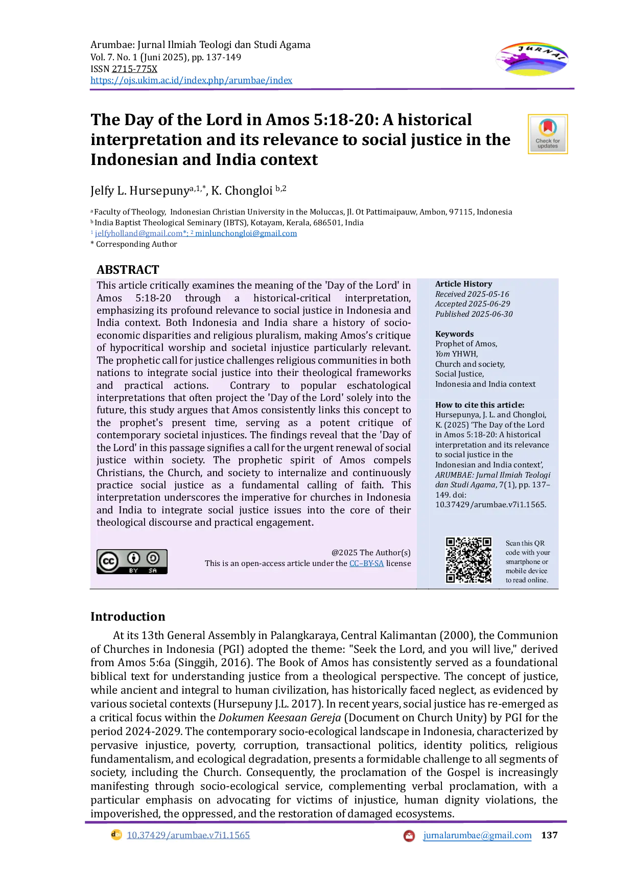 JURIS The Day of the Lord in Amos 5 18 20 A Critical Interpretation and Its Relevand to Social Justice In Indonesian and India Context