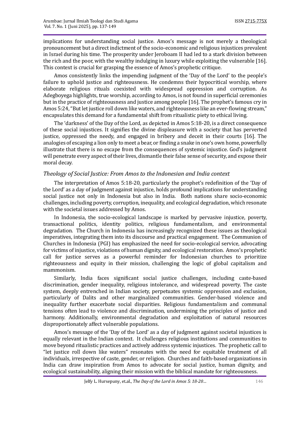 JURIS The Day of the Lord in Amos 5 18 20 A Critical Interpretation and Its Relevand to Social Justice In Indonesian and India Context