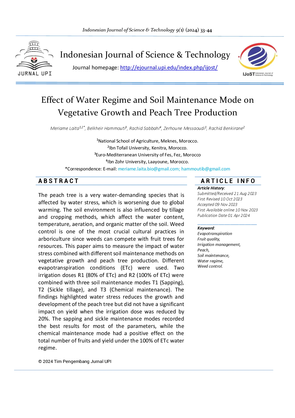 juris Effect of Water Regime and Soil Maintenance Mode on Vegetative Growth and Peach Tree Production