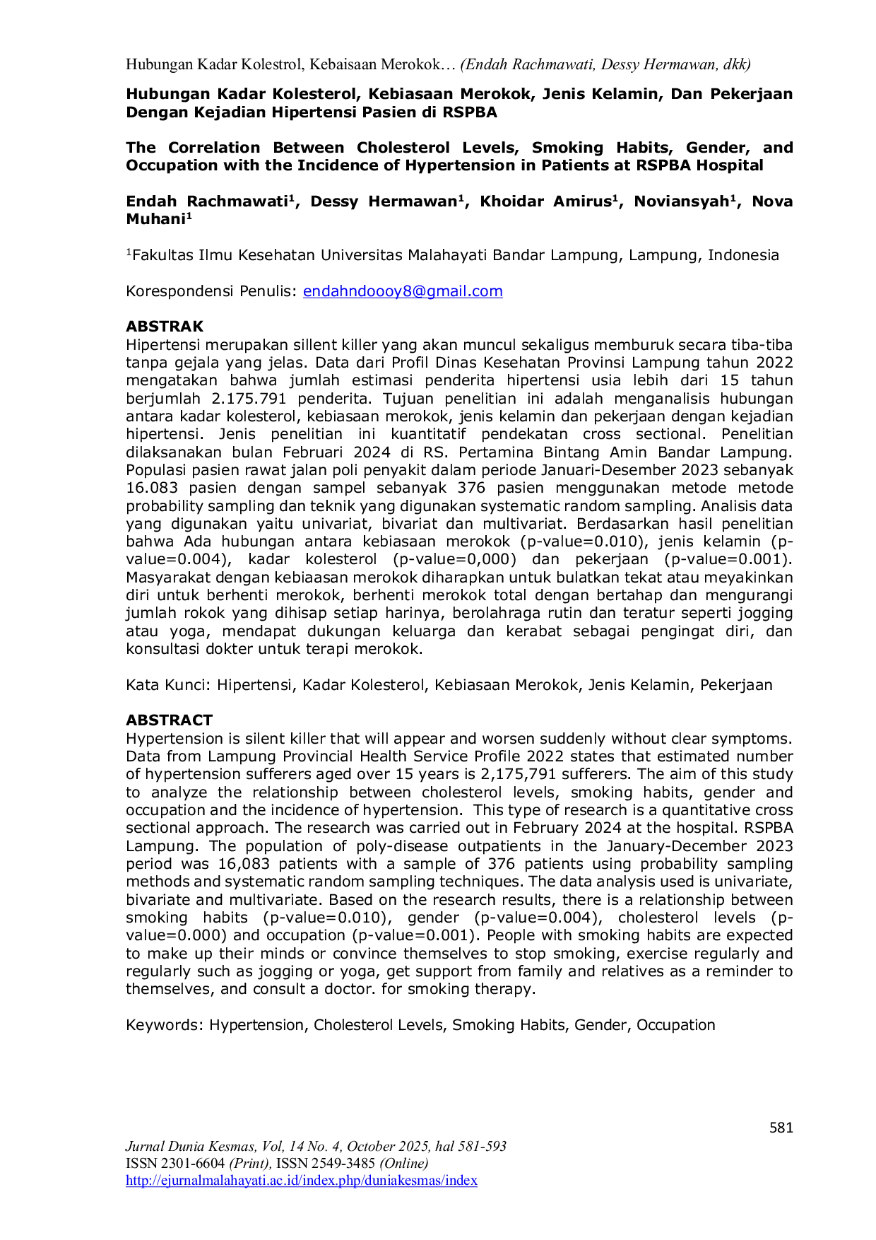 JURIS Hubungan Kadar Kolesterol Kebiasaan Merokok Jenis Kelamin Dan Pekerjaan Dengan Kejadian Hipertensi Pasien Di RSPBA