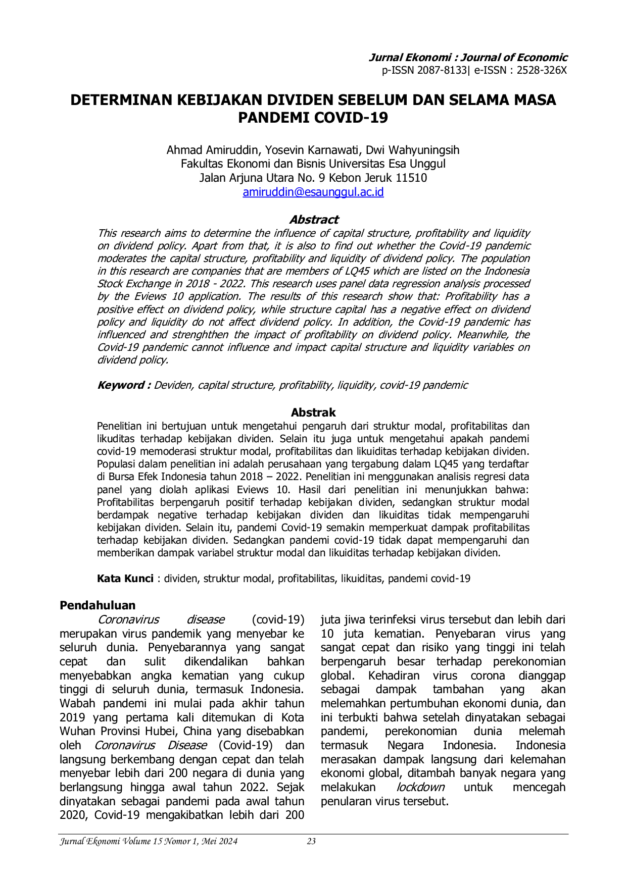 JURIS Determinan Kebijakan Dividen Sebelum dan Selama Masa Pandemi Covid 19