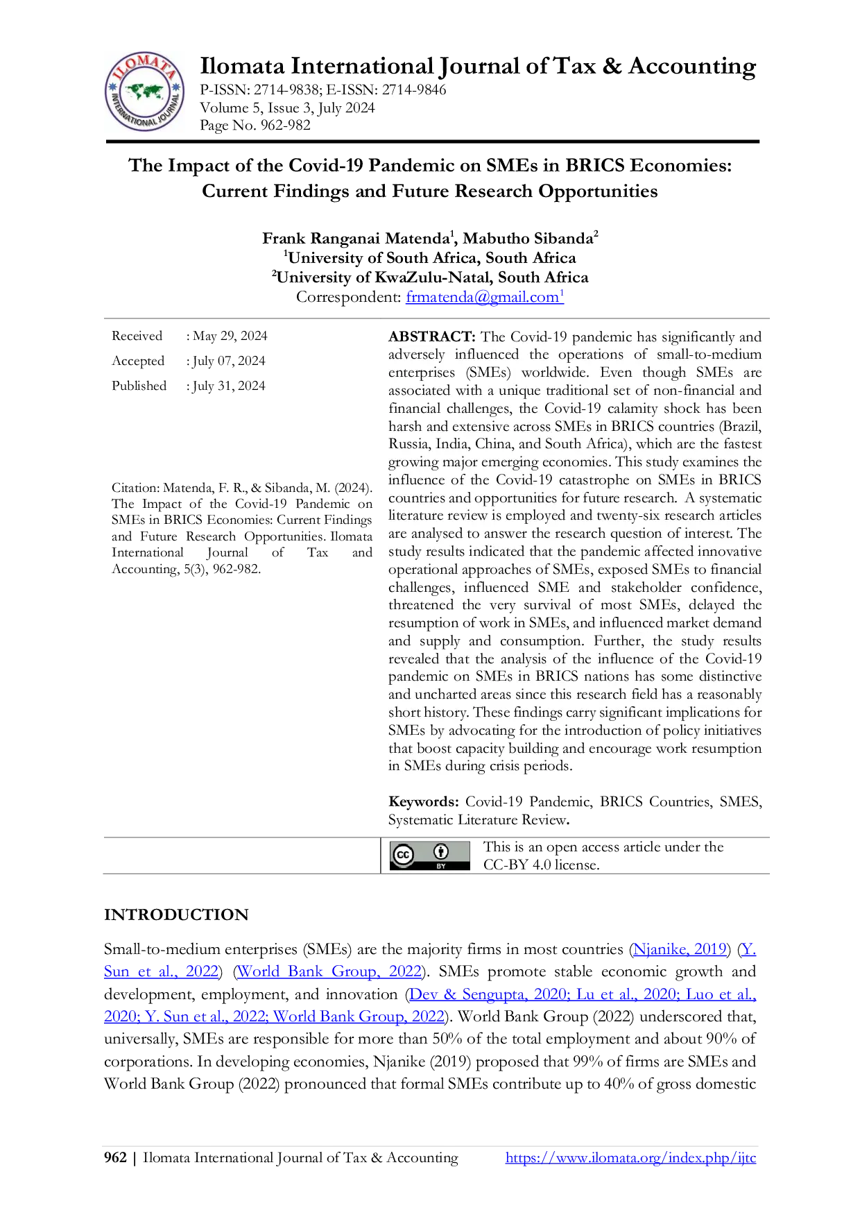 JURIS The Impact of the Covid 19 Pandemic on SMEs in BRICS Economies Current Findings and Future Research Opportunities