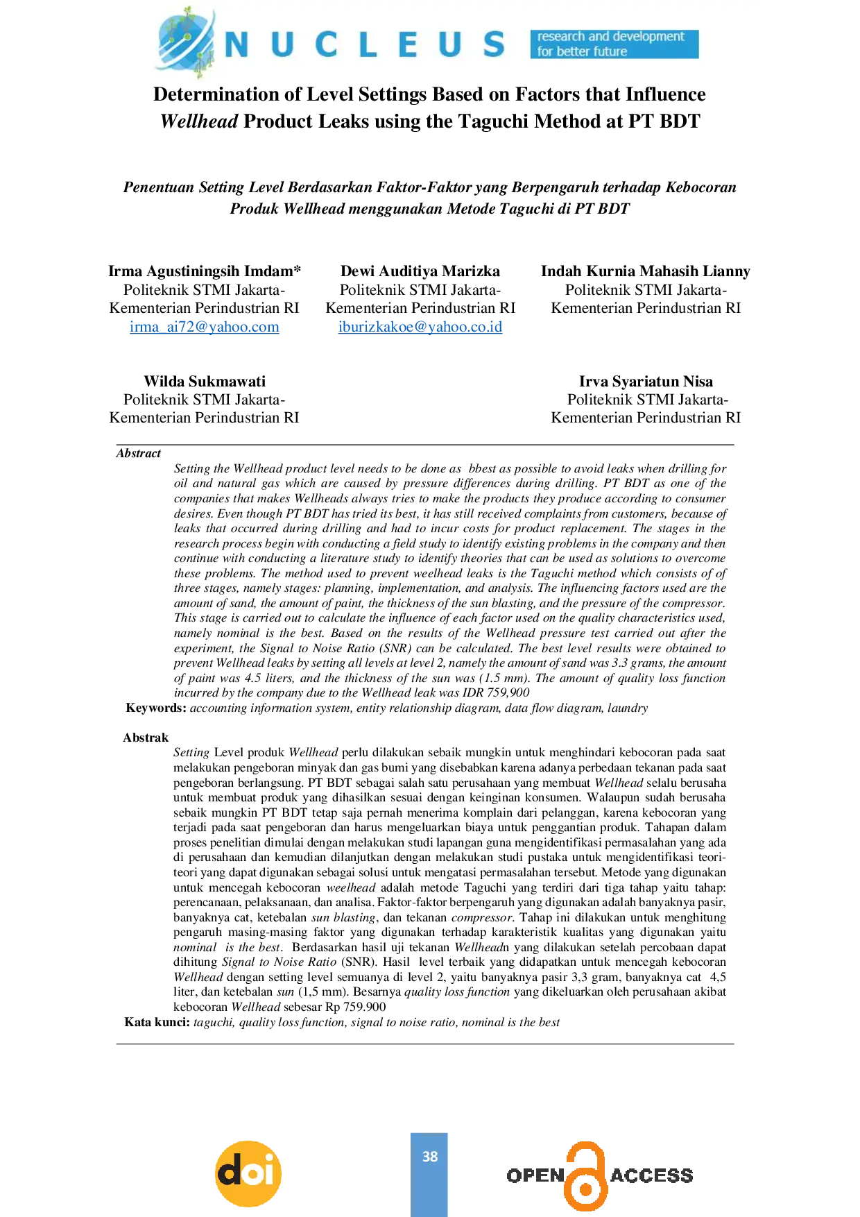 JURIS Determination of Level Settings Based on Factors that Influence Wellhead Product Leaks using the Taguchi Method at PT BDT
