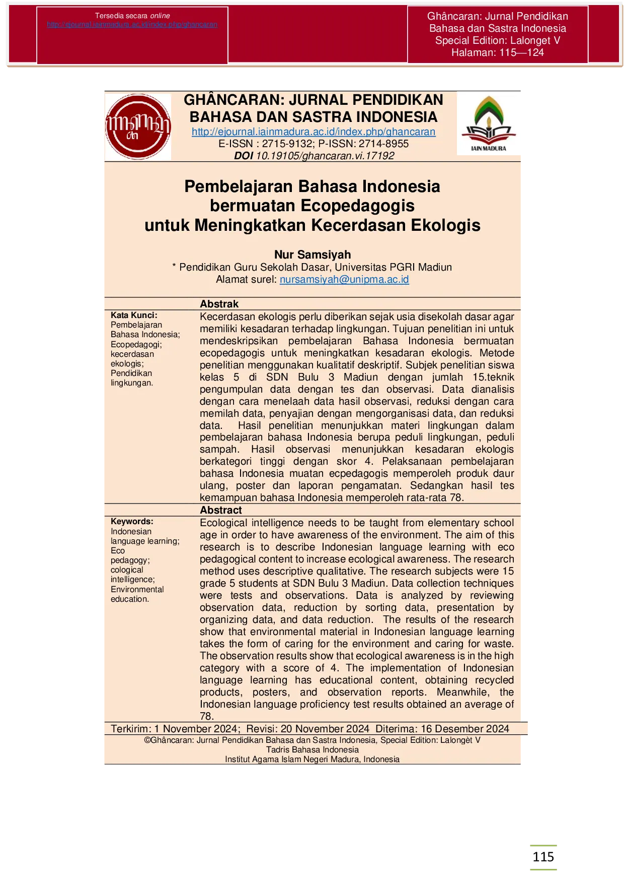 JURIS Pembelajaran Bahasa Indonesia bermuatan Ecopedagogis untuk Meningkatkan Kecerdasan Ekologis