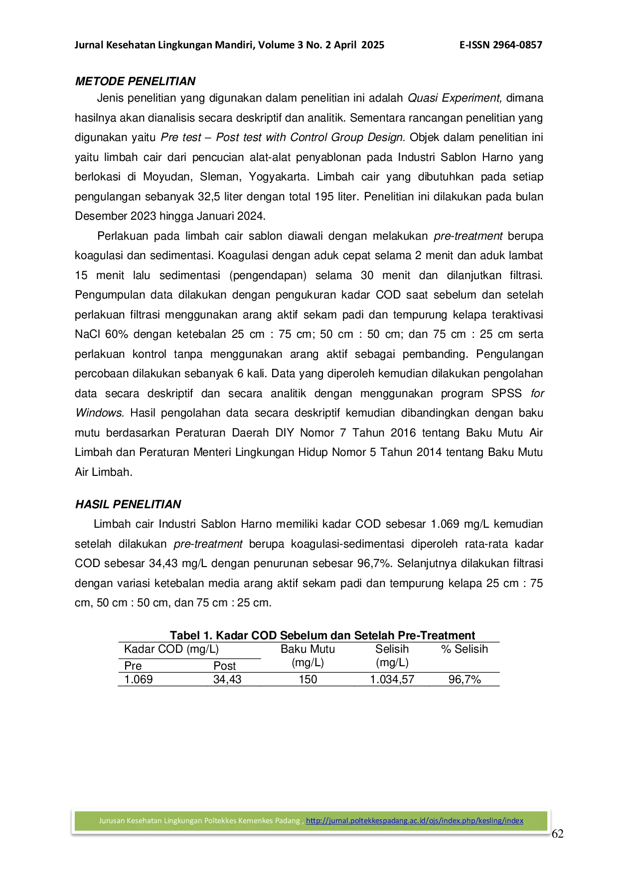 JURIS Efektivitas Berbagai Ketebalan Media Arang Aktif Sekam Padi dan Tempurung Kelapa untuk Menurunkan Kadar Chemical Oxygen Demand COD Limbah Cair Sablon