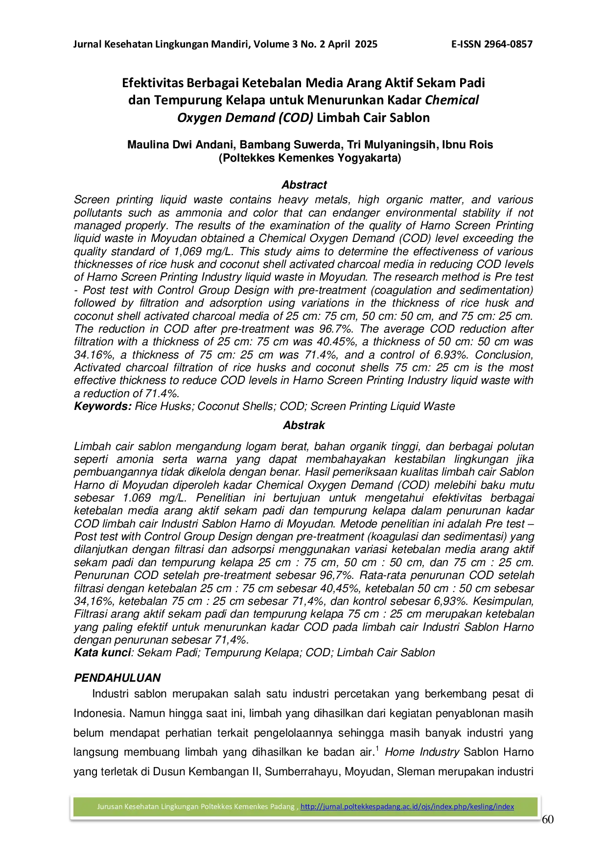 JURIS Efektivitas Berbagai Ketebalan Media Arang Aktif Sekam Padi dan Tempurung Kelapa untuk Menurunkan Kadar Chemical Oxygen Demand COD Limbah Cair Sablon