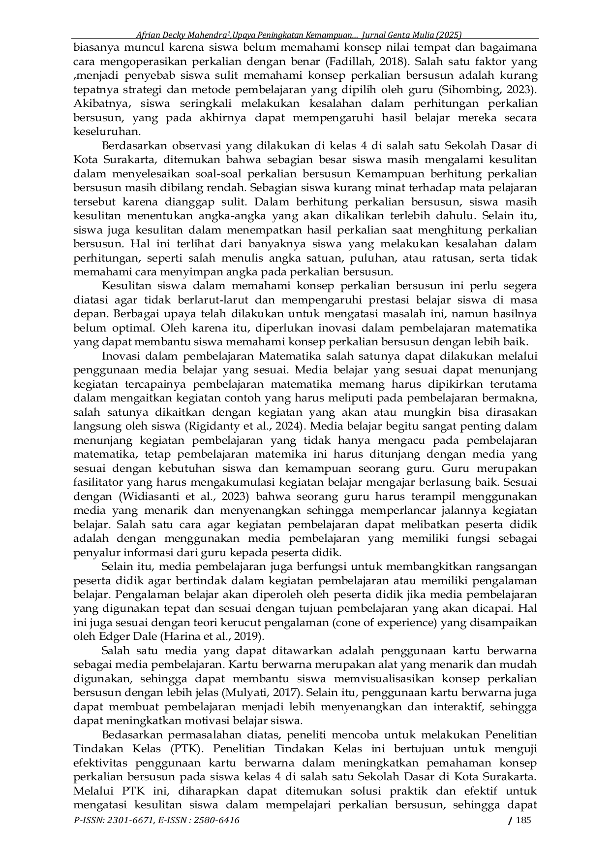 JURIS Upaya Peningkatan Kemampuan Perkalian Bersusun dengan Menggunakan Media Papan Kartu Berwarna pada Peserta Didik Kelas 4