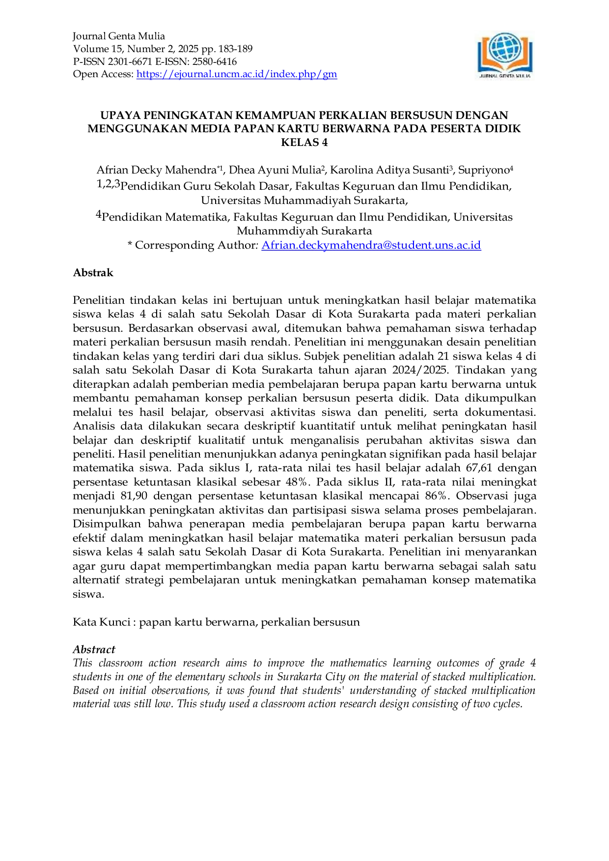 JURIS Upaya Peningkatan Kemampuan Perkalian Bersusun dengan Menggunakan Media Papan Kartu Berwarna pada Peserta Didik Kelas 4