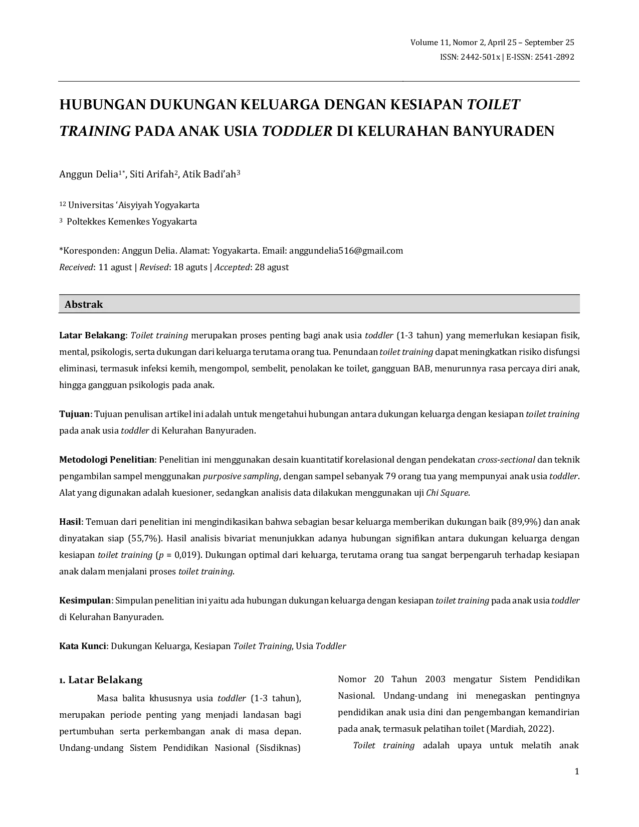 JURIS Hubungan Dukungan Keluarga dengan Kesiapan Toilet Training pada Anak Usia Toddler di Kelurahan Banyuraden