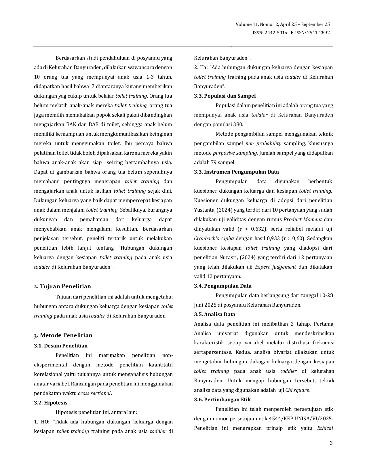 JURIS Hubungan Dukungan Keluarga dengan Kesiapan Toilet Training pada Anak Usia Toddler di Kelurahan Banyuraden