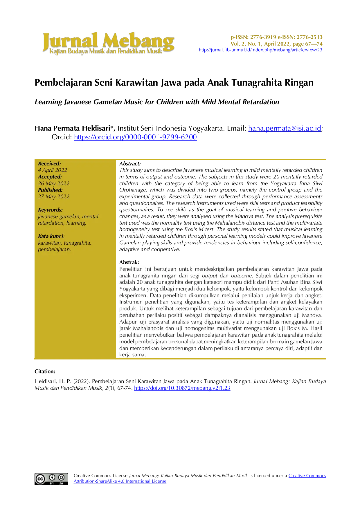 JURIS Pembelajaran Seni Karawitan Jawa pada Anak Tunagrahita Ringan