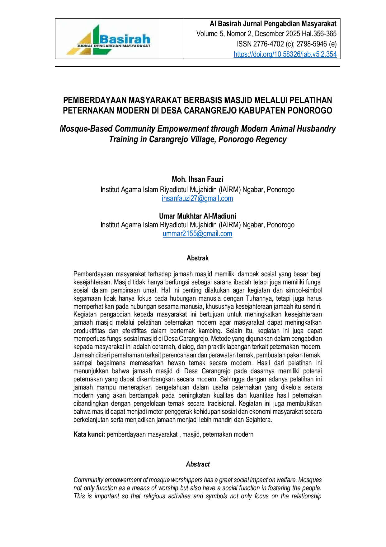 JURIS Pemberdayaan Masyarakat Berbasis Masjid melalui Pelatihan Peternakan Modern di Desa Carangrejo Kabupaten Ponorogo