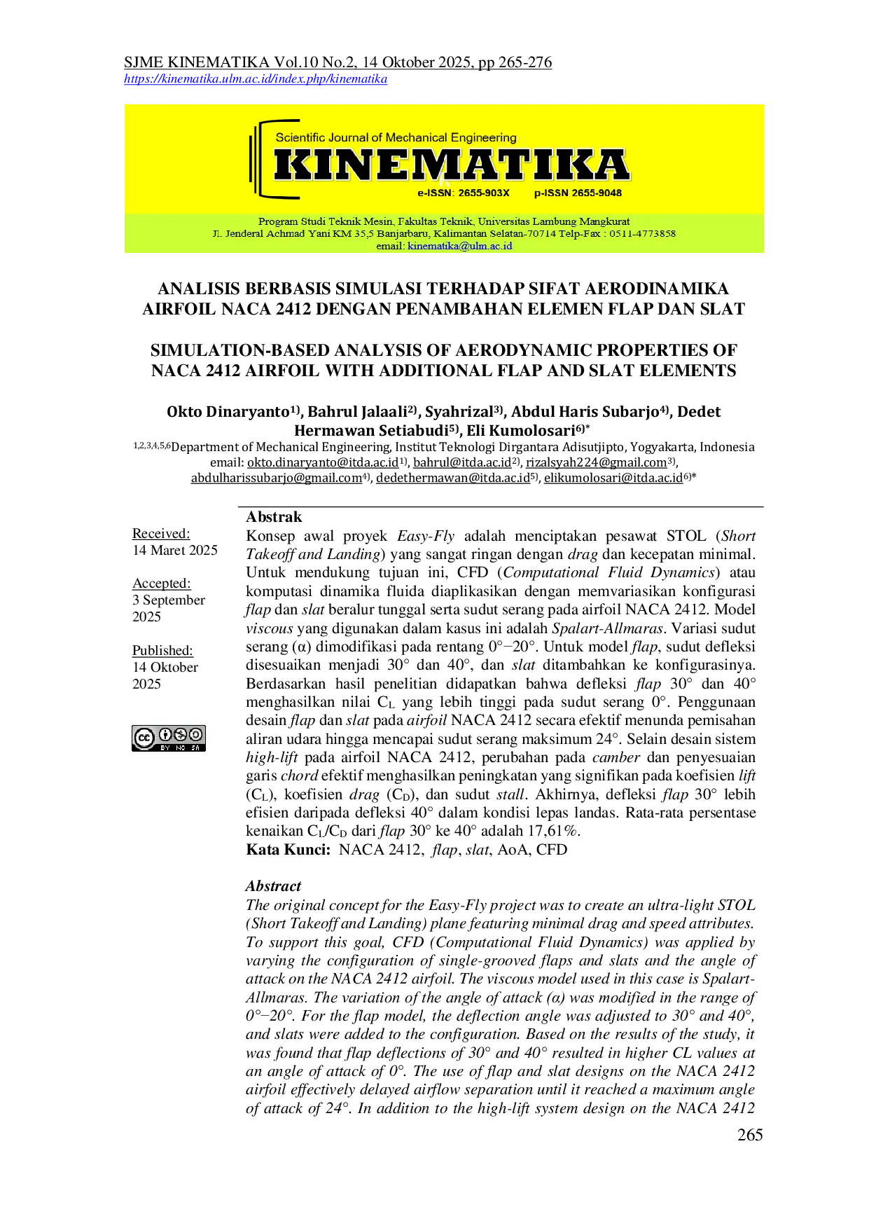 JURIS Analisis Berbasis Simulasi Terhadap Sifat Aerodinamika Airfoil Naca 2412 Dengan Penambahan Elemen Flap Dan Slat