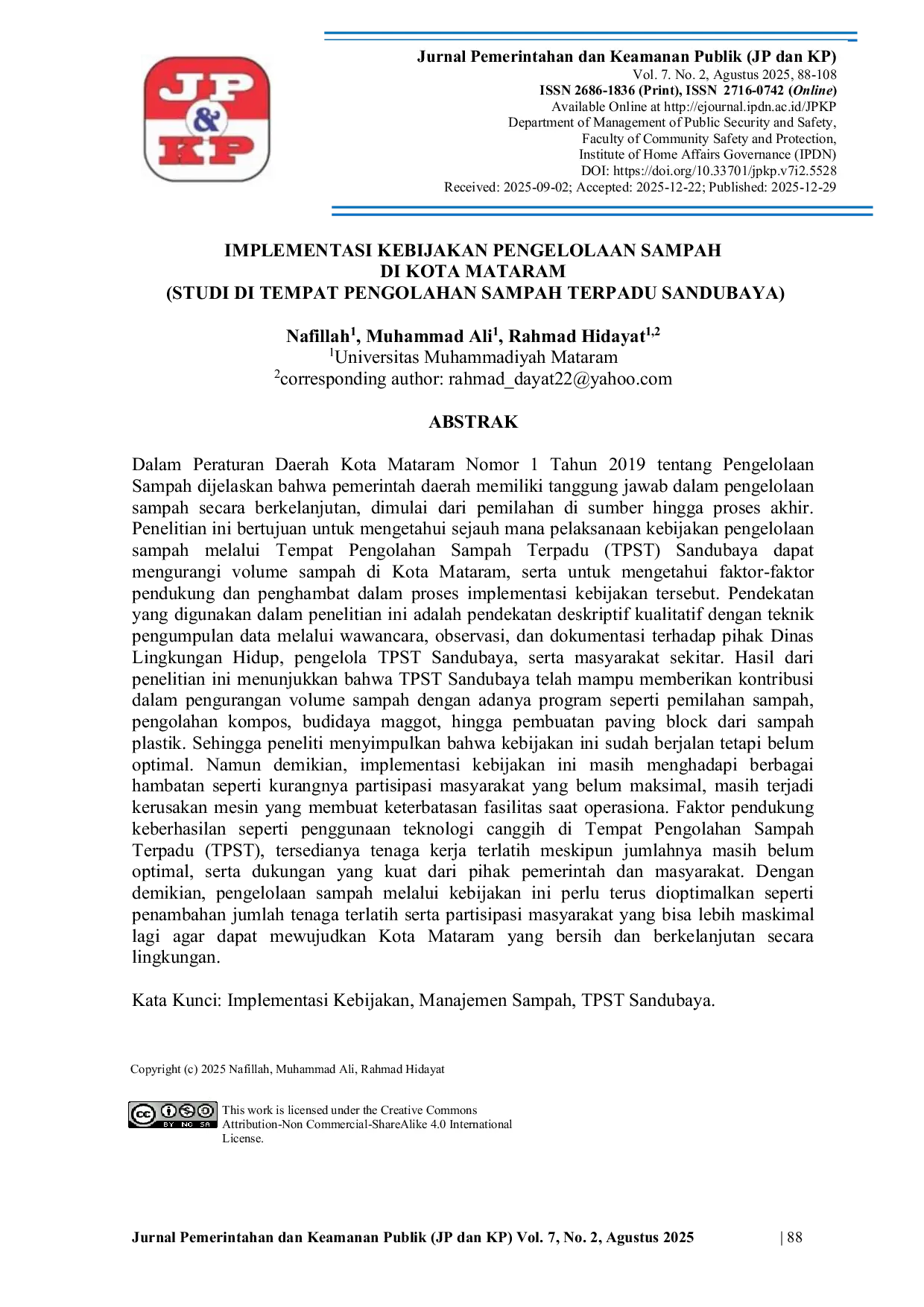 JURIS Implementasi Kebijakan Pengelolaan Sampah di Kota Mataram Studi di Tempat Pengolahan Sampah Terpadu Sandubaya